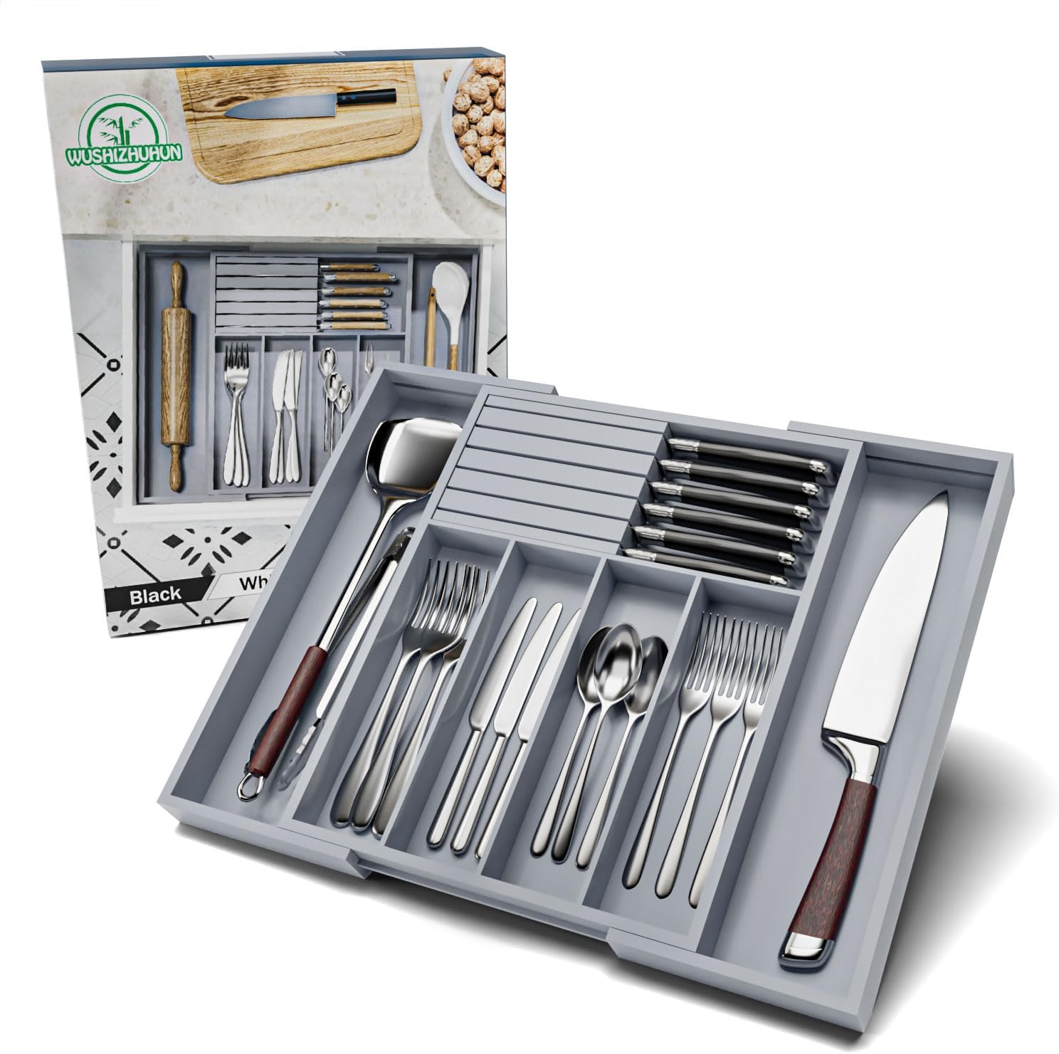 Organizador grande de cajones de utensilios con divisor  Soporte extraíble para cuchillos de cocina, organizador de cubiertos ajustable de bambú
