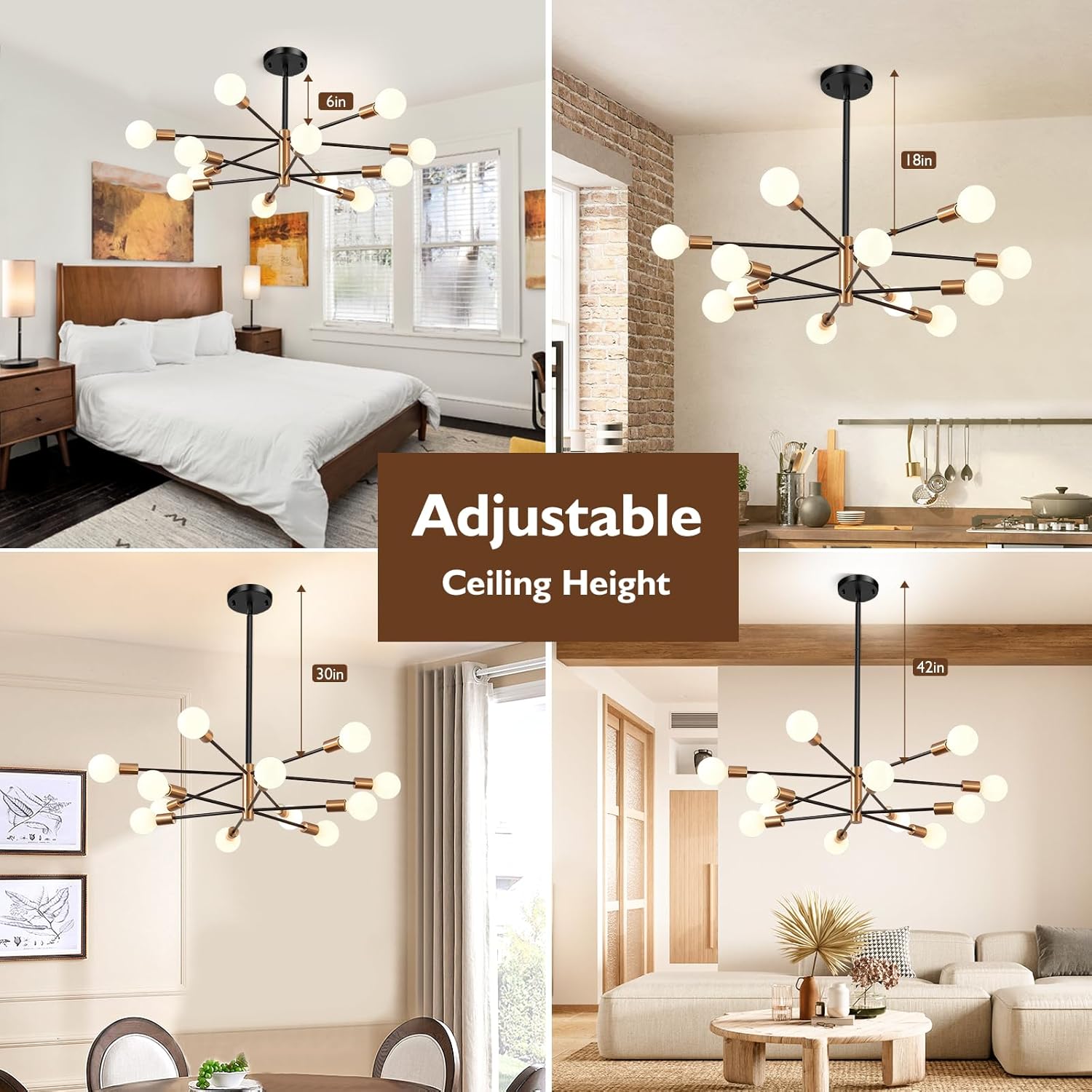 Candelabro Sputnik de 12 luces, lámparas colgantes negras y doradas, moderna lámpara de comedor de granja de latón de mediados de siglo, altura