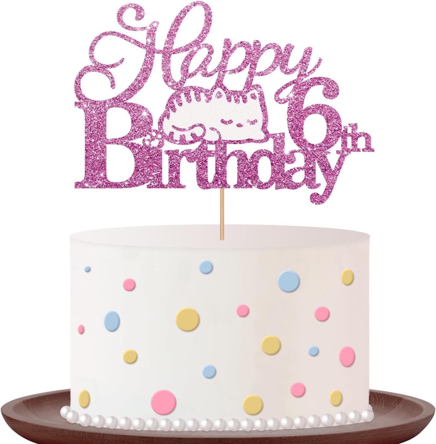 Decoración para tartas de 6 cumpleaños con diseño de gato con purpurina rosa, decoración de pastel de cumpleaños de seis años para niña, decoración