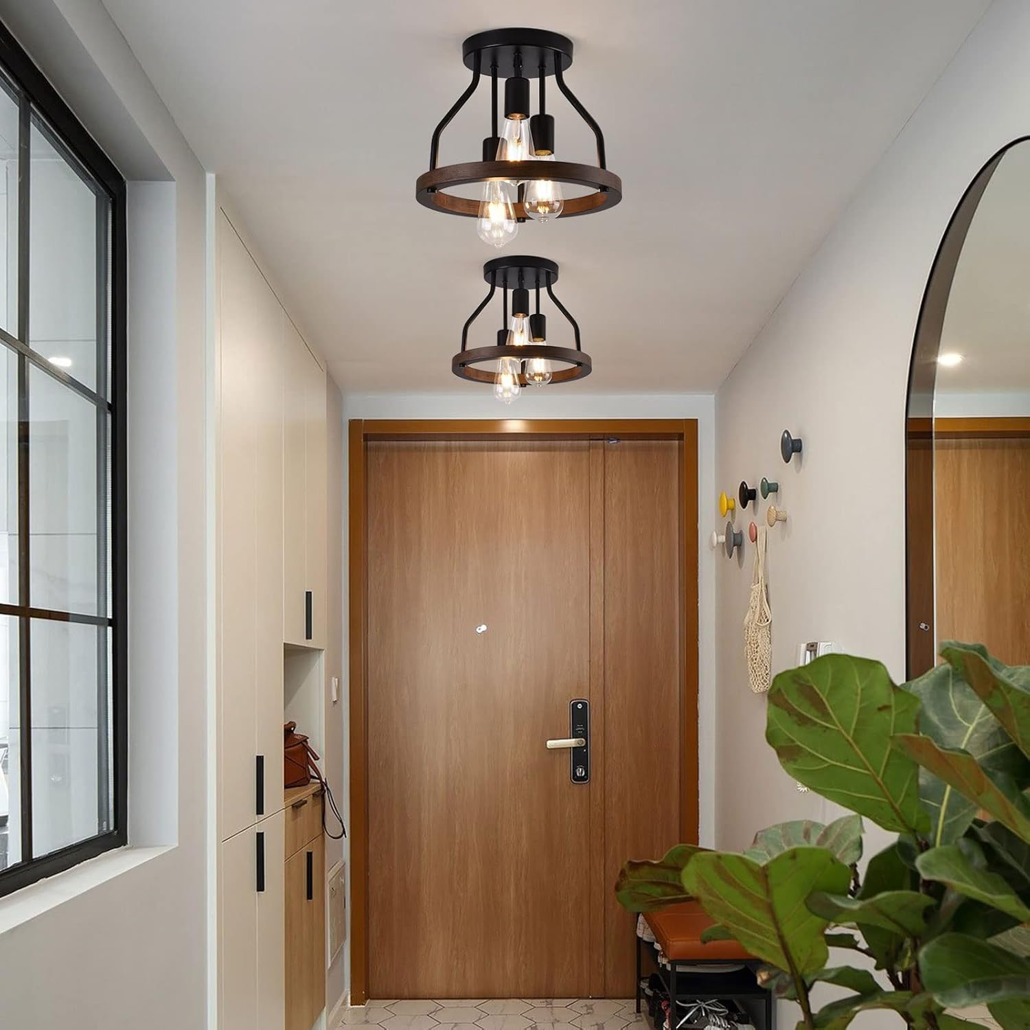 Lámpara de techo empotrada de 3 luces, marco de madera + pantalla de metal negro, lámpara de techo rústica para cocina, comedor, pasillo,