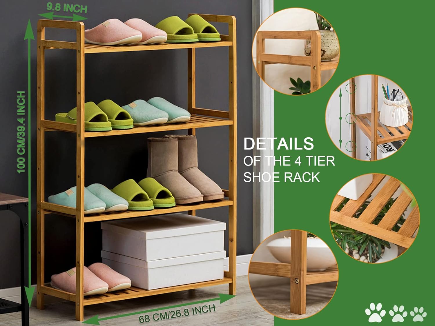 Zapatero de madera de 4 niveles para botas y zapatos  Estante organizador de botas de bambú y madera, estante de almacenamiento ajustable para