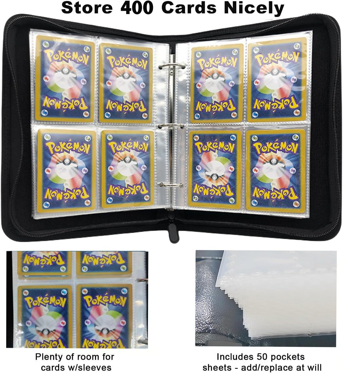 Carpeta de tarjetas coleccionables de 4 bolsillos, 400 bolsillos para tarjetas de Pokémon con cremallera, 50 fundas compatible con tarjetas