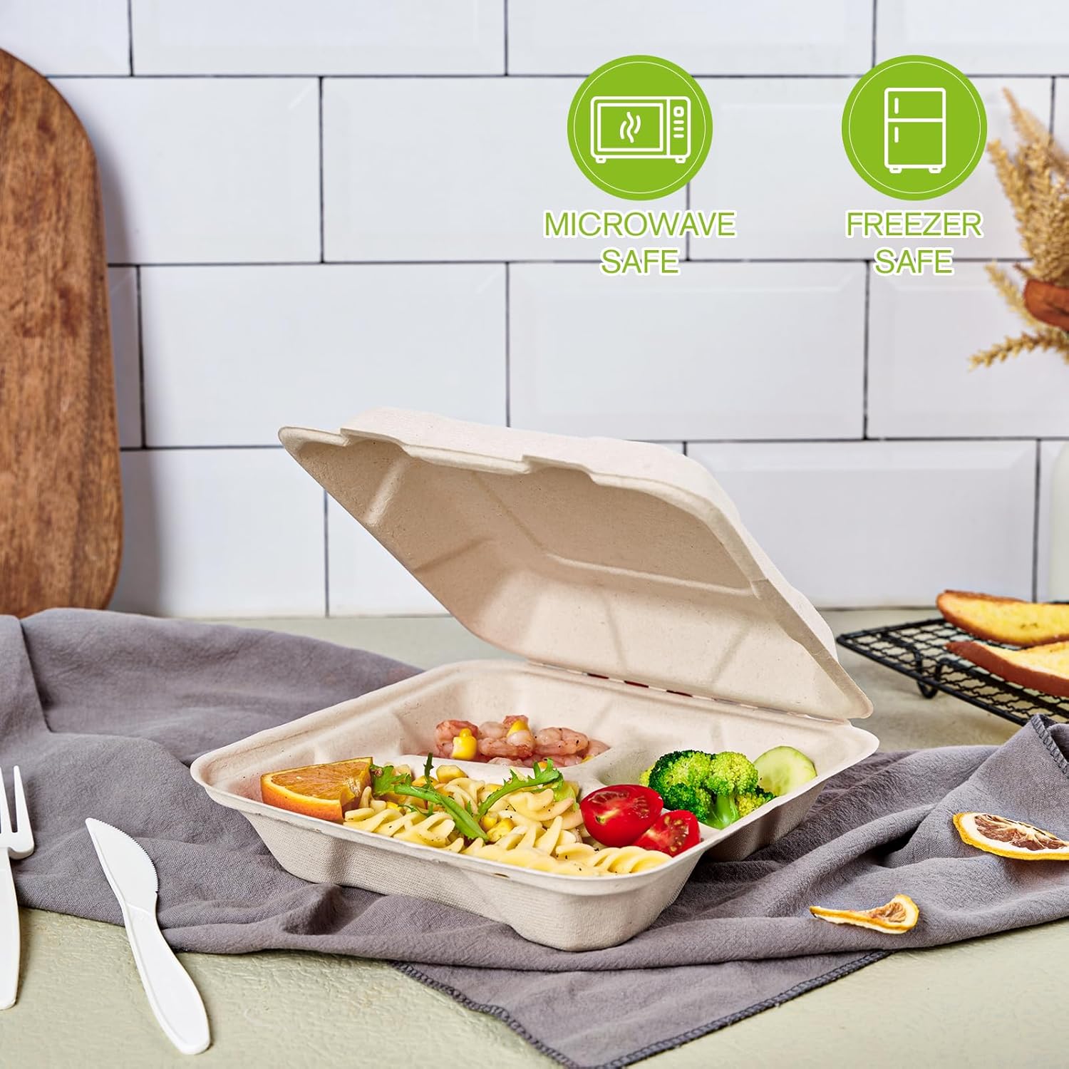 ECOLipak Paquete de 50 recipientes Clamshell To Go, contenedores de alimentos desechables 100% compostables, 8 x 8 con 3 compartimentos, resistentes