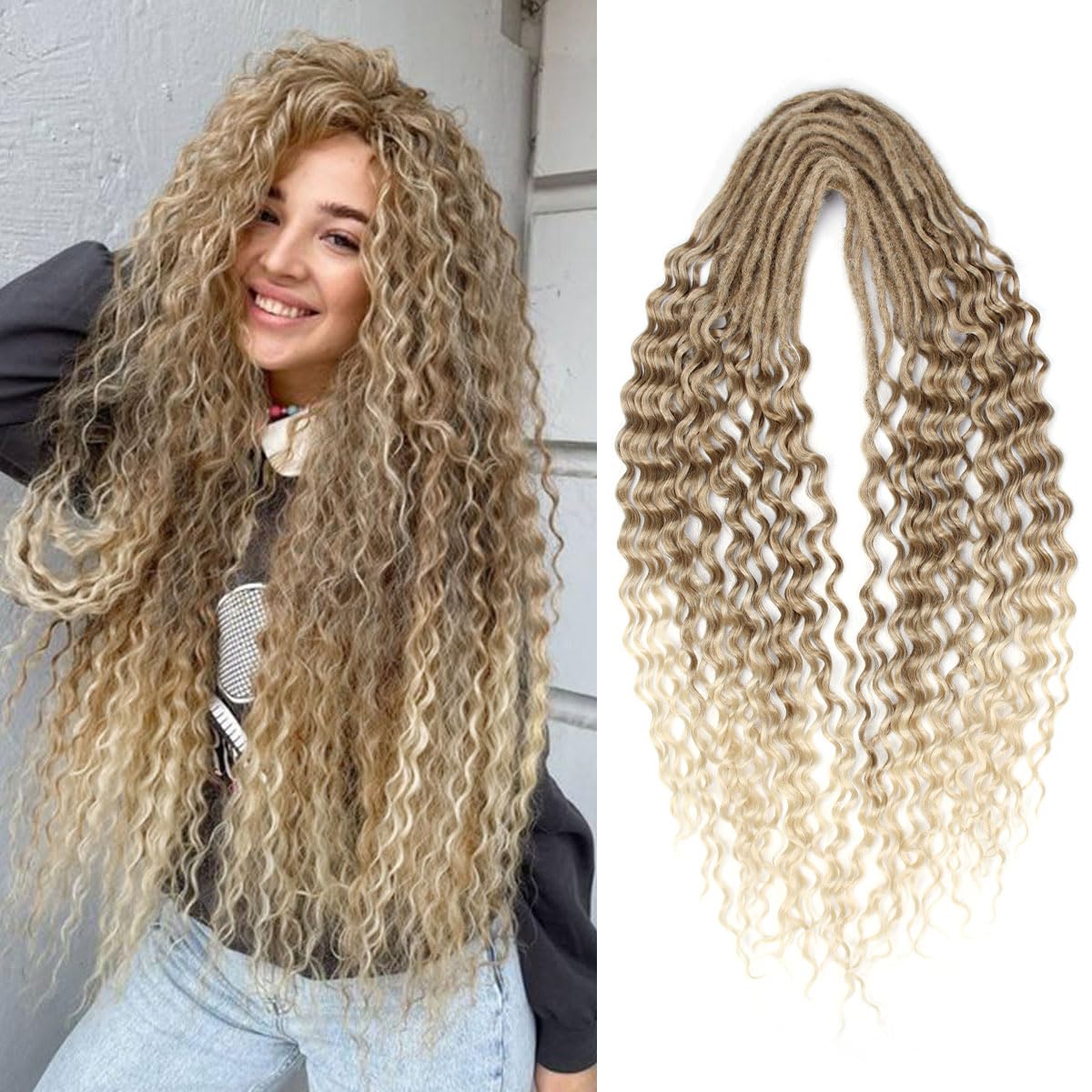 Sangtok Extensiones de rastas onduladas de doble punta, 10 extensiones de rastas rizadas finas de 24 pulgadas de color marrón claro a rubio para