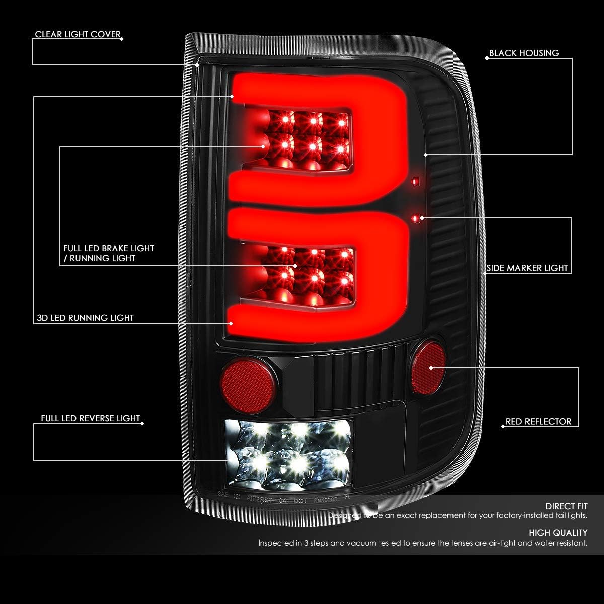DNA MOTORING TL-F15004-LED-3D-BK-CL Conjunto de luz trasera LED 3D para lado del conductor y del pasajero compatible con Ford F150 Lobo 04-08