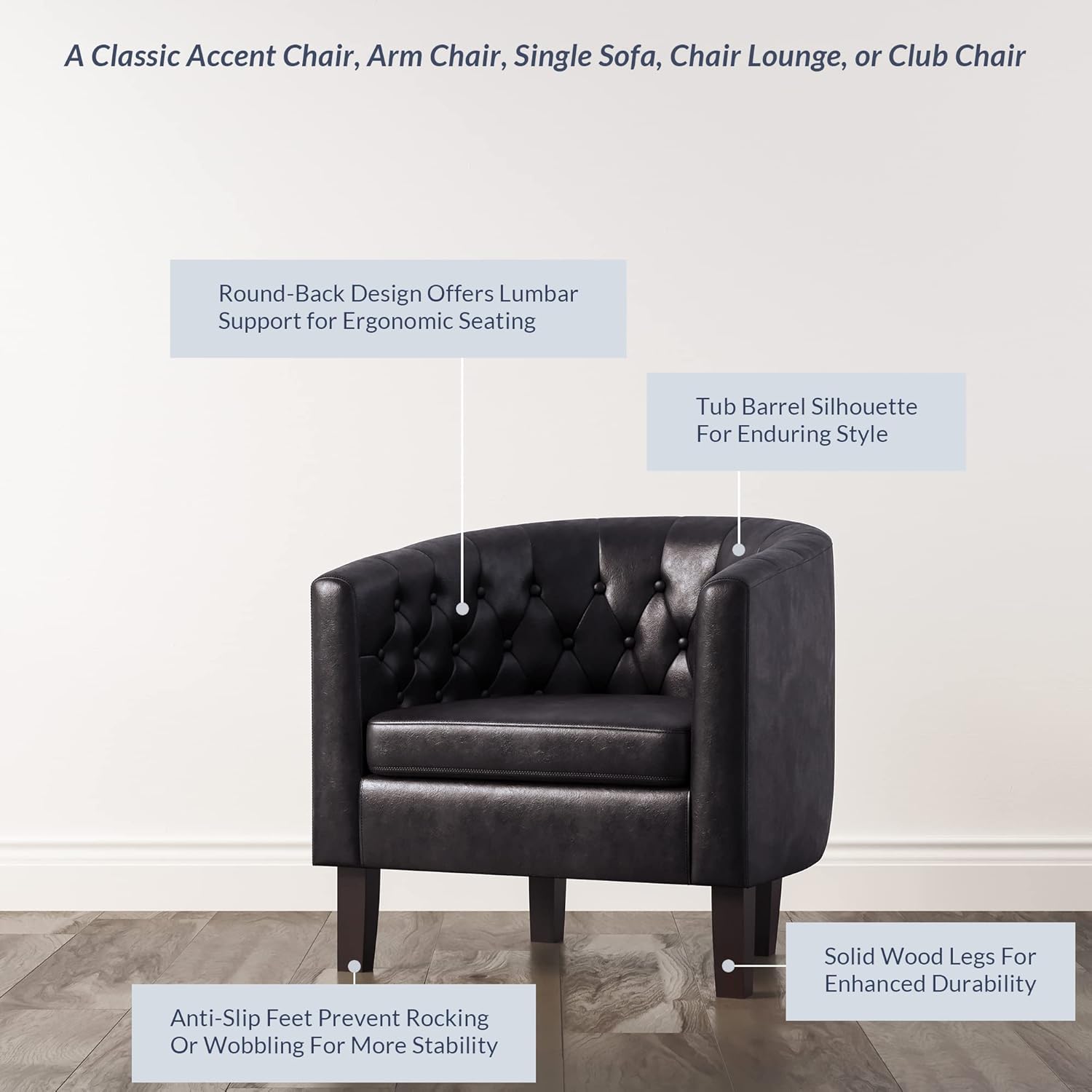 BELLEZE Sillas decorativas negras para sala de estar, elegante sillón tapizado con barril capitoné, silla de club para dormitorio con patas