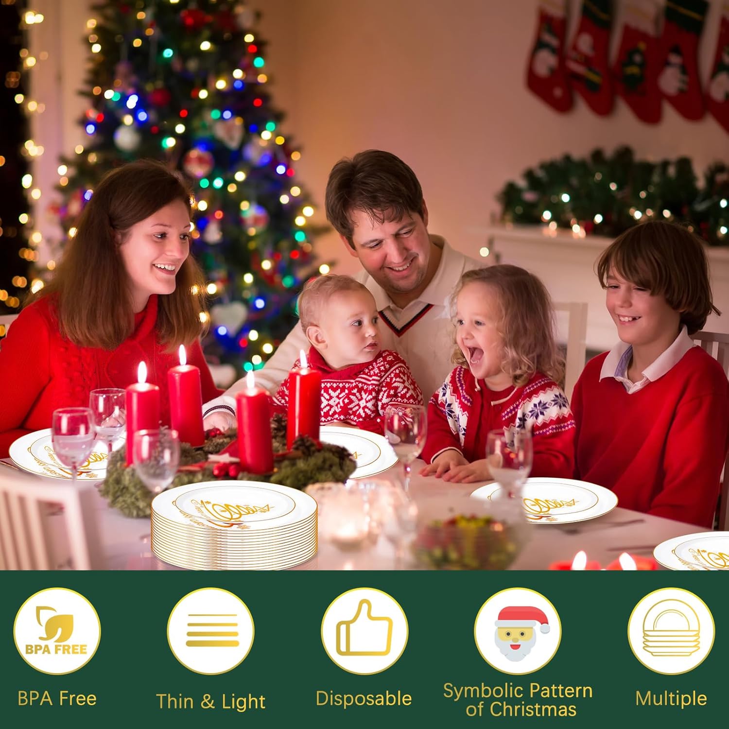 EBOOT 60 platos de plástico para árbol de Navidad, platos redondos desechables de postre para suministros de fiesta de Navidad, 10.25 pulgadas y 7.5