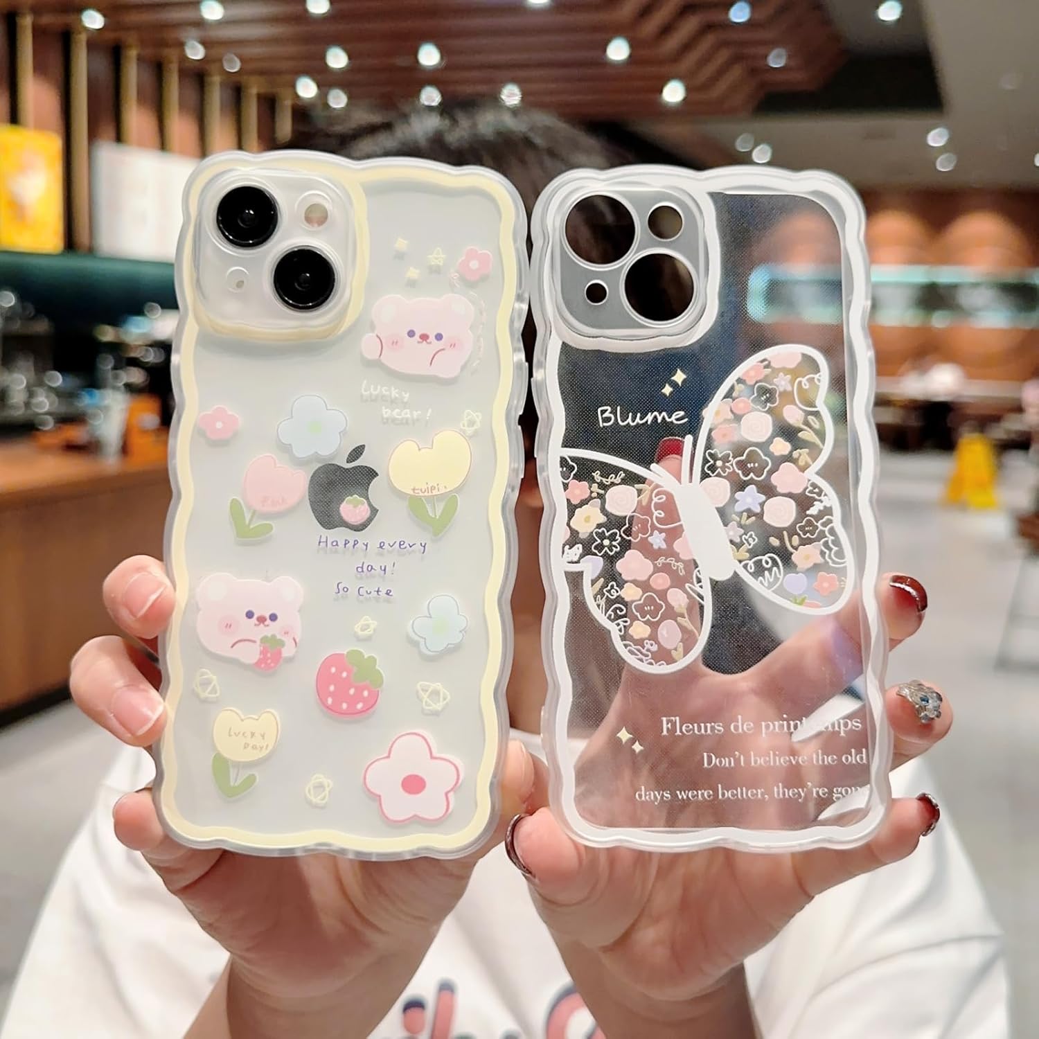 Funda compatible con iPhone 15, bonito diseño floral de dibujos animados de oso y mariposa para mujeres y niñas, funda estética kawaii delgada y