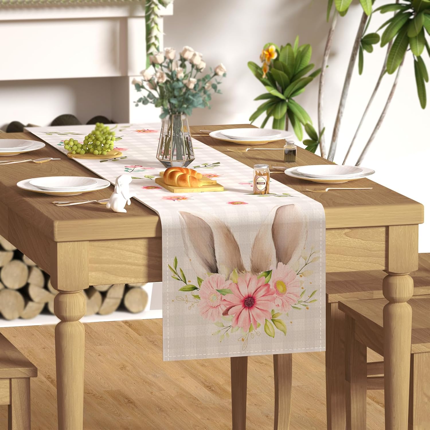 Camino de mesa de Pascua para cocina, comedor, orejas de conejo a cuadros, flores, decoración de mesa de Pascua, camino de mesa de primavera de