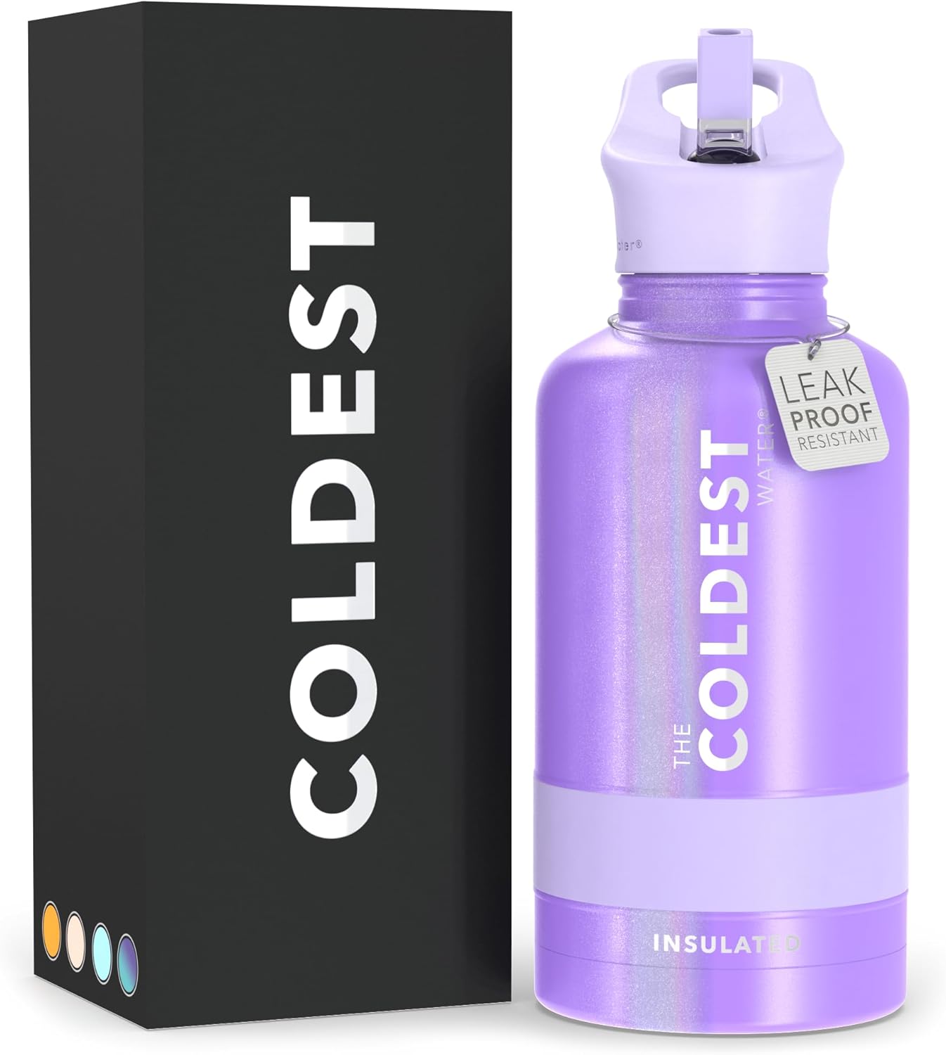 Coldest Botella de agua deportiva (tapa con pajilla) a prueba de fugas de acero inoxidable con aislamiento para bebida fría o caliente, doble pared,
