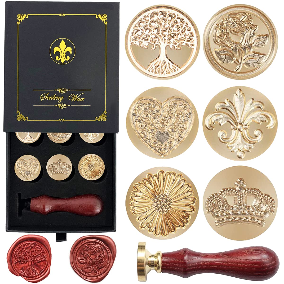 Juego de caja de regalo de sellos de cera, 6 sellos de cera de sellado, sellos de cobre, 1 empuñadura de madera, kit de sellos de cera para sobres