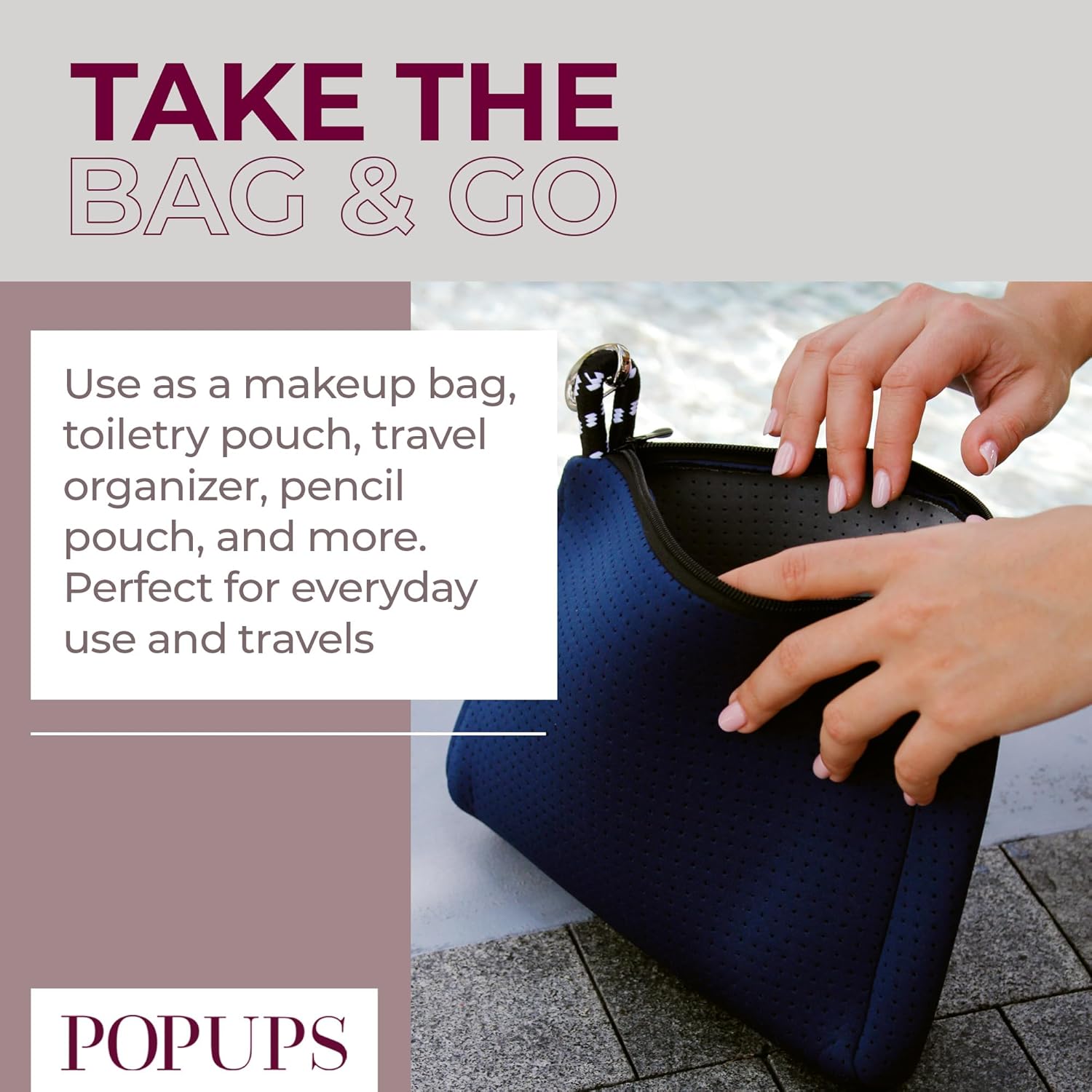 Pop Ups Brand – Bolsa de maquillaje grande con cremallera, de neopreno, lavable a máquina, artículos de tocador de viaje, bolsa organizadora de