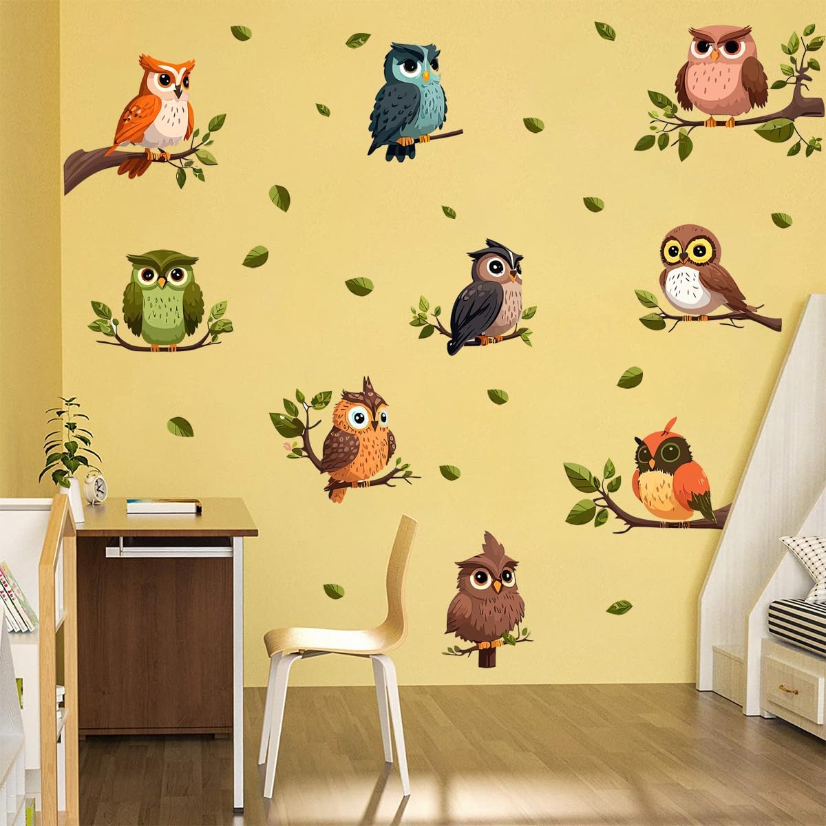 DEIKOKA Calcomanías de pared con diseño de búho, pájaros en ramas de árbol, autoadhesivas, extraíbles, para pared de niños, dormitorio, sala de