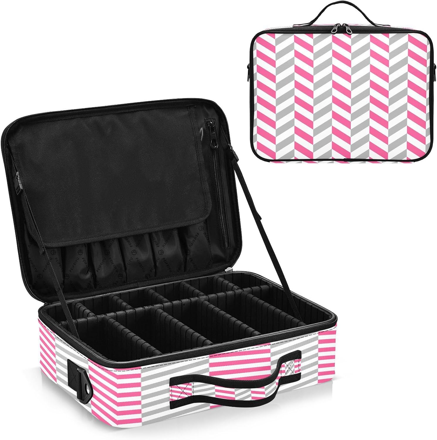 Bolsa de cosméticos de viaje con patrón geométrico de rayas para mujer, bolsa de viaje con compartimentos, bolsa de maquillaje con asa, bolsa de