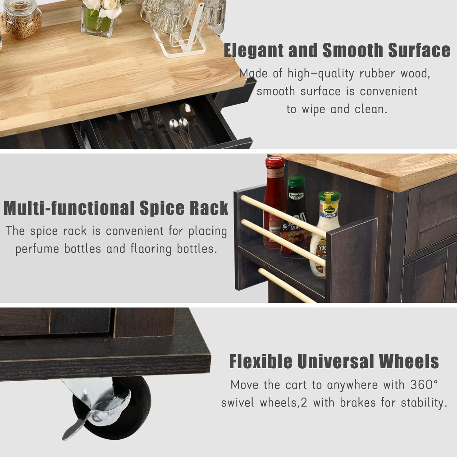 NSdirect Carrito de isla de cocina, barra de cocina y carrito de servicio, ruedas con estante para especias, toallero, carrito de almacenamiento con