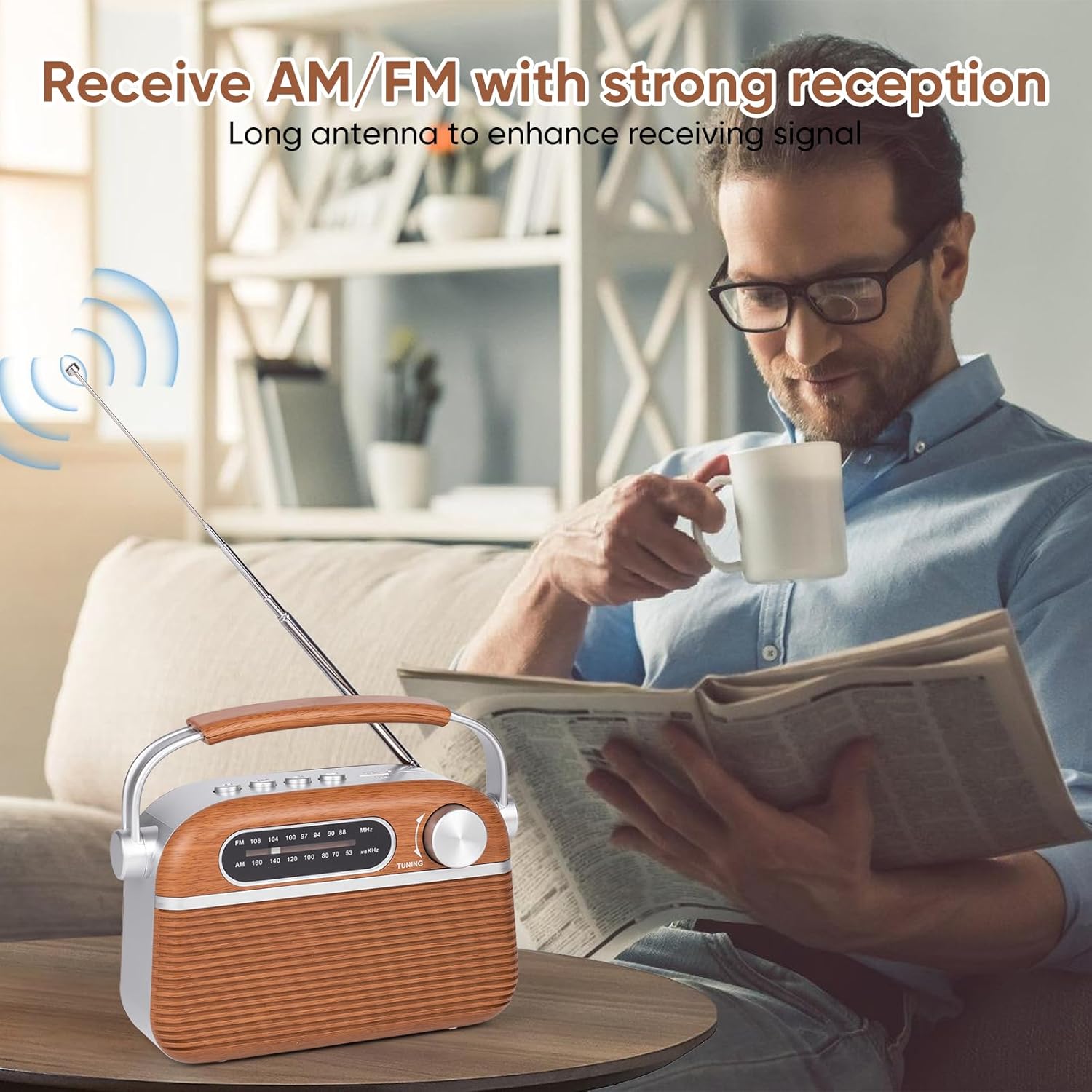 ONGTEED Radio analógica AM FM portátil enchufable de pared con altavoz Bluetooth, fuentes de alimentación de 3 vías, batería recargable incorporada,