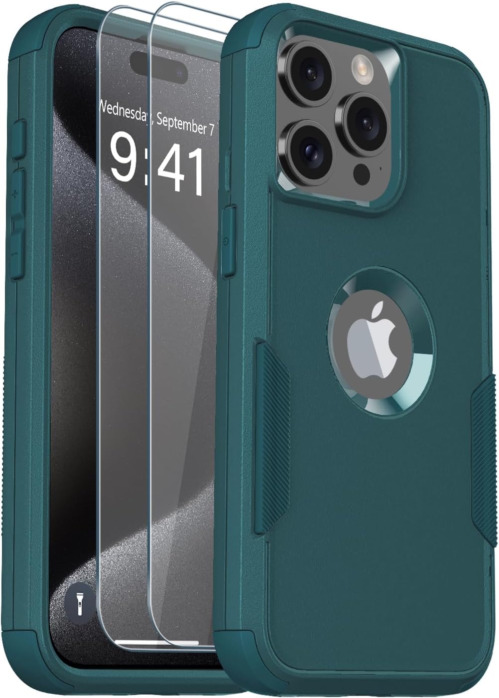 Funda para iPhone 15 Pro Max, 2 protectores de pantalla de vidrio templado, a prueba de caídas de 10 pies, antideslizante, a prueba de golpes,
