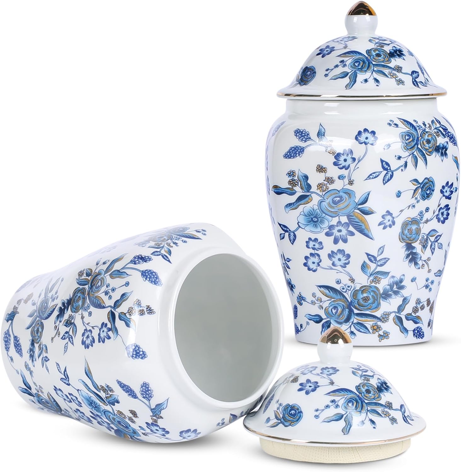 XINGYAN Chinoiserie – Juego de 2 tarros de jengibre, porcelana china azul y blanca, tarro de almacenamiento decorativo para el hogar con tapa (juego