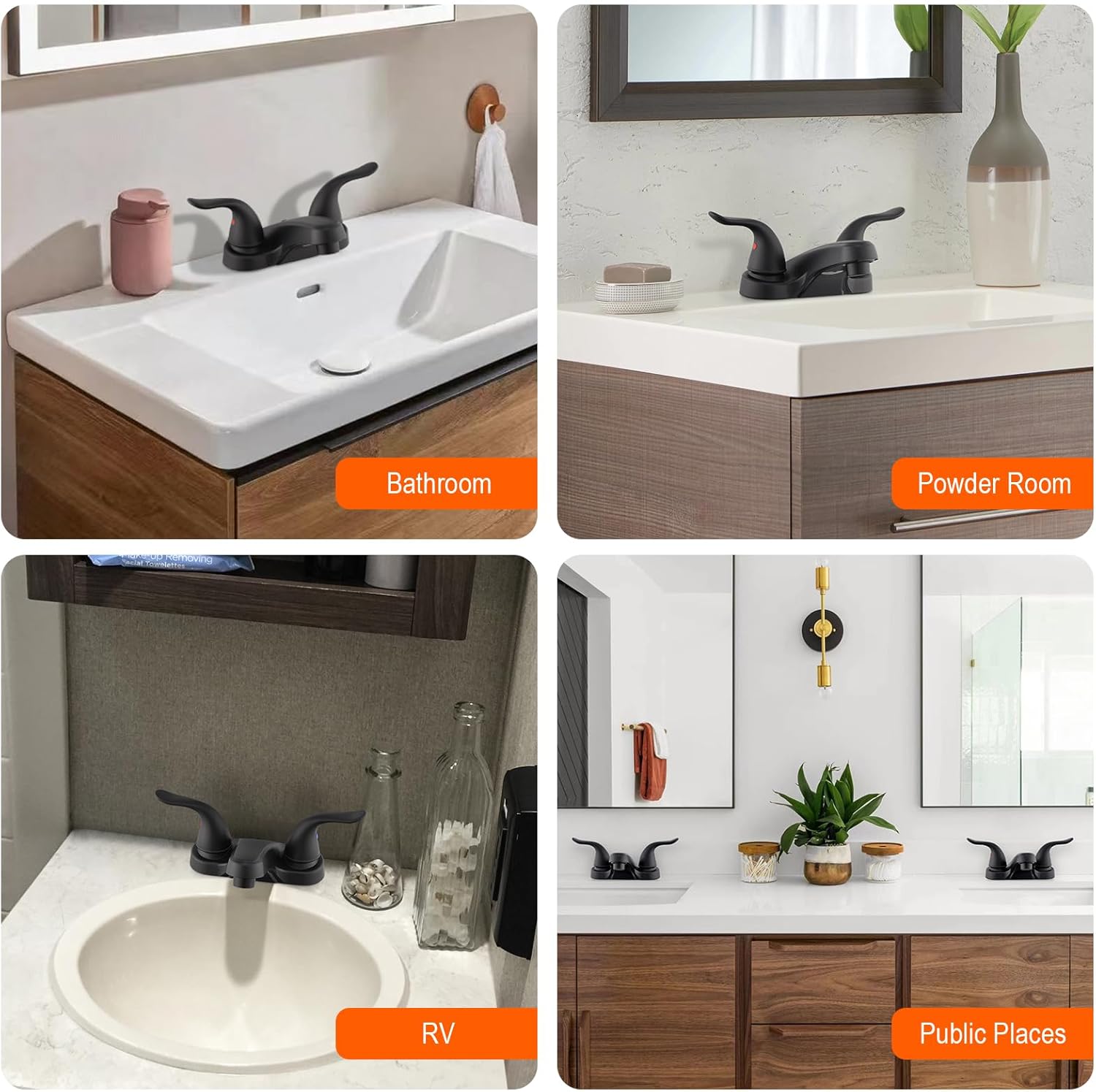 Grifo de lavabo de baño con doble asa, juego central de 4 pulgadas, grifo de fregadero negro para baño con tapón de drenaje emergente, grifos de