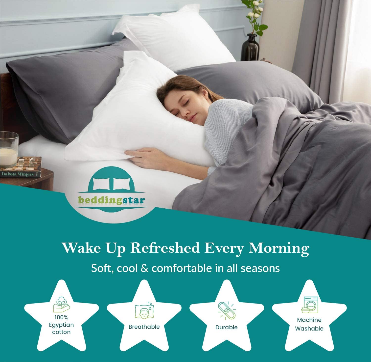 Beddingstar – Juego de 2 fundas de almohada 100% algodón egipcio de 600 hilos