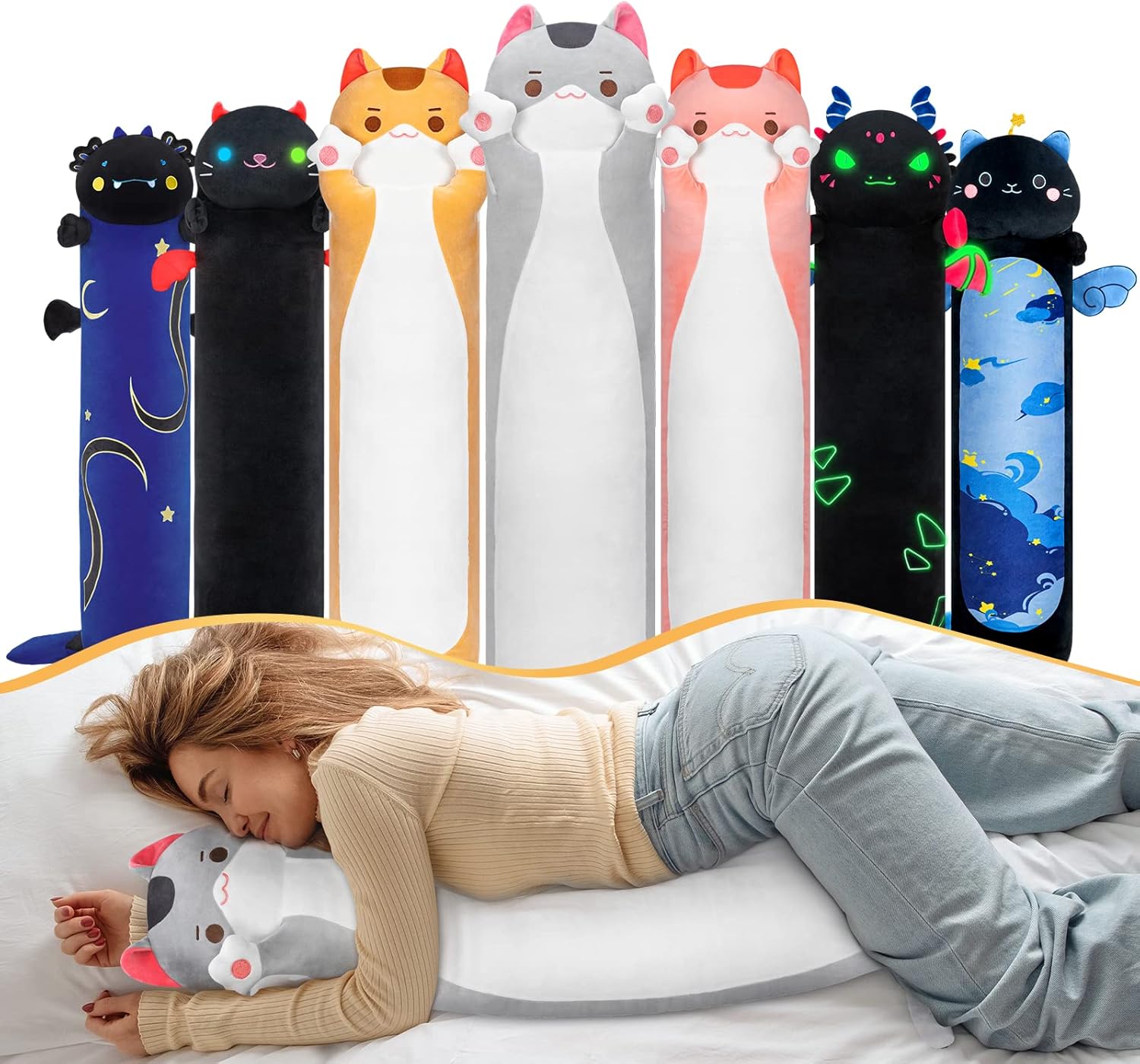 Peluche largo de gato + felpa reversible, almohada de felpa de gato gris de 44 pulgadas + almohada de felpa de zorro de panda rojo de 18 pulgadas