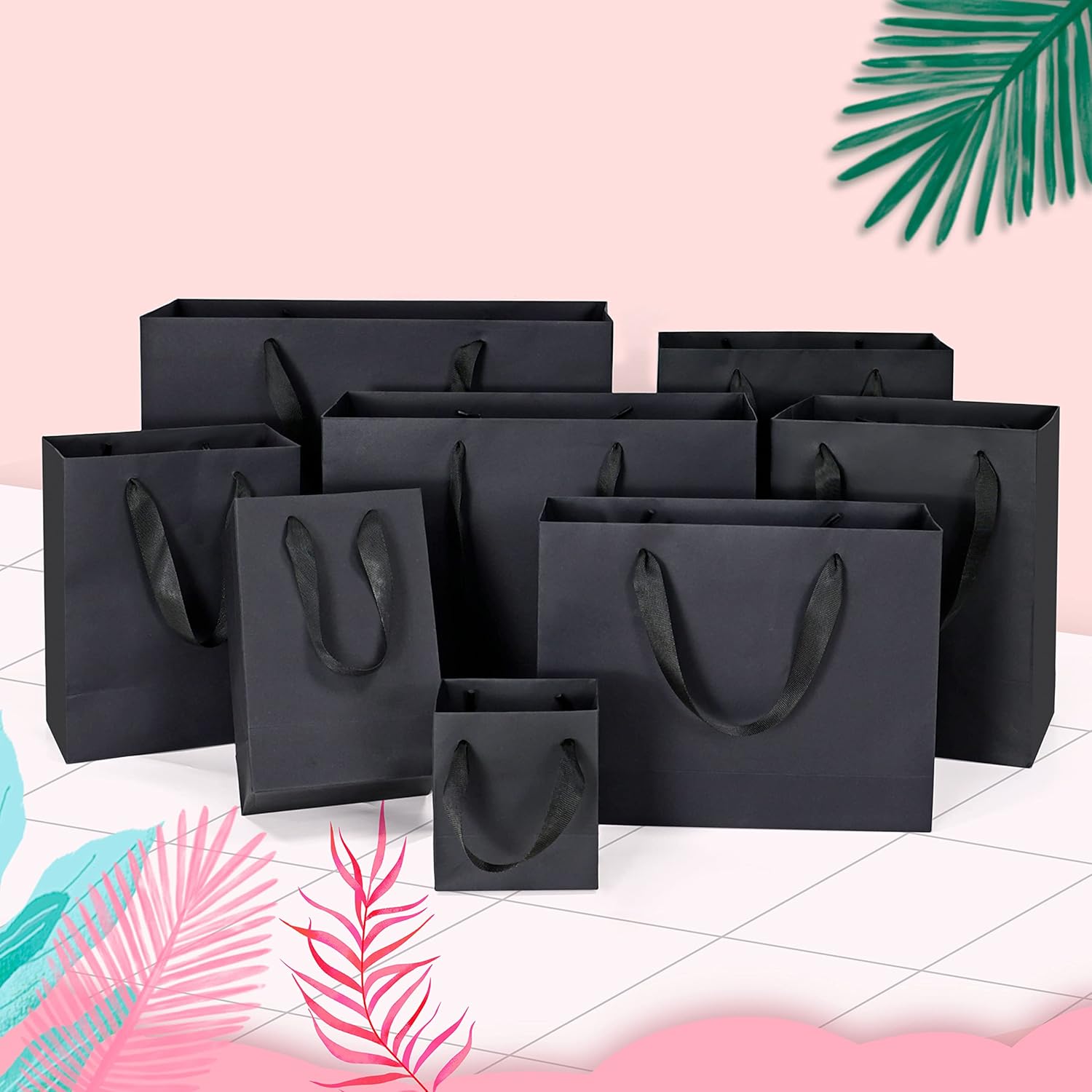 HUAPRINT Bolsa de regalo negra, paquete de 12 bolsas de compras negras con asas de cinta, 7 x 4 x 9 pulgadas, bolsas de regalo para manualidades,