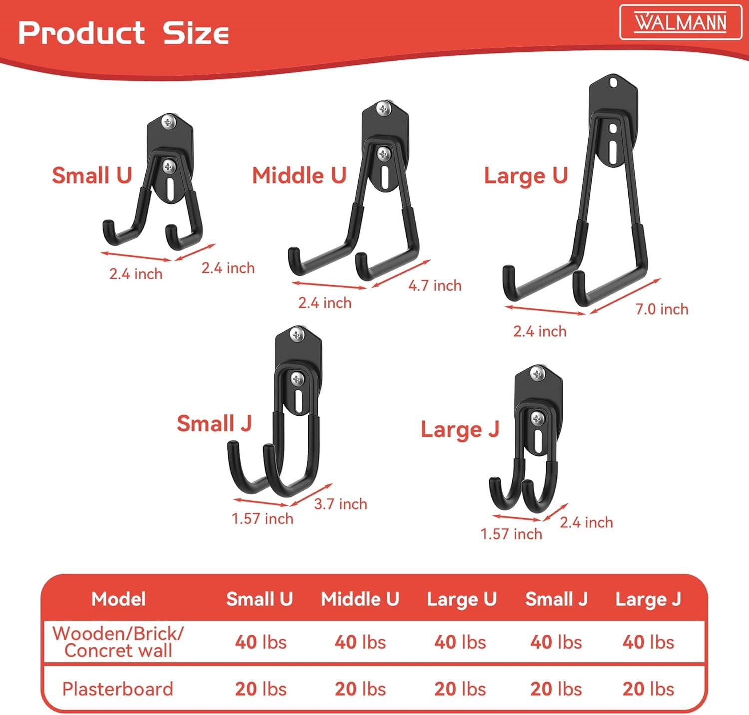 WALMANN Ganchos de almacenamiento de garaje, ganchos de montaje en pared para herramientas, escaleras, cables, sillas plegables, palas y rastrillos,