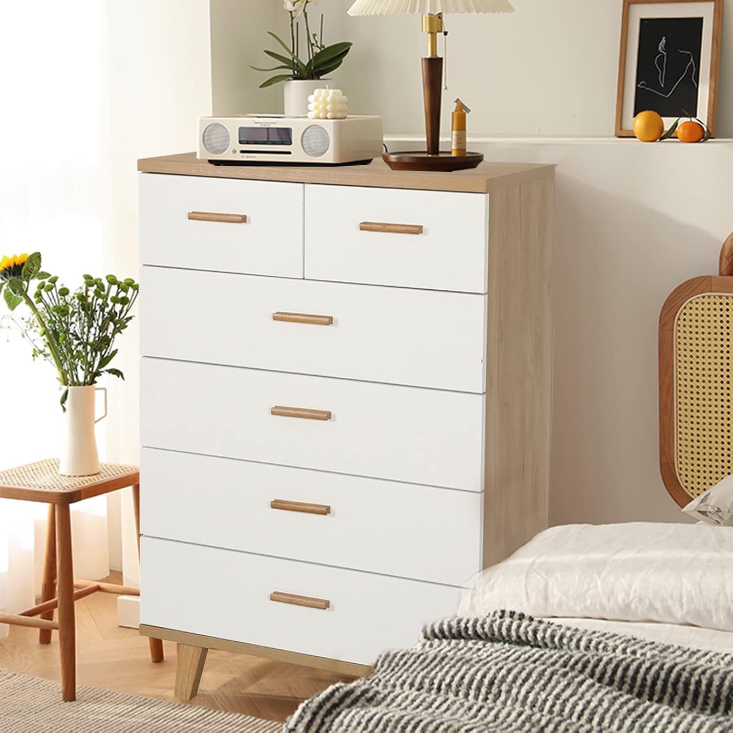 SSLine Cómoda de 6 cajones, cómoda moderna con patas y pomos de madera maciza, mesa auxiliar grande armario de almacenamiento para dormitorio, sala