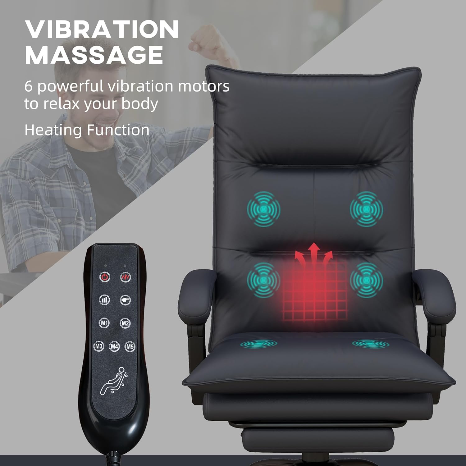 Vinsetto Silla de oficina de masaje ejecutivo con 6 puntos de vibración, silla de escritorio de microfibra para computadora, silla reclinable