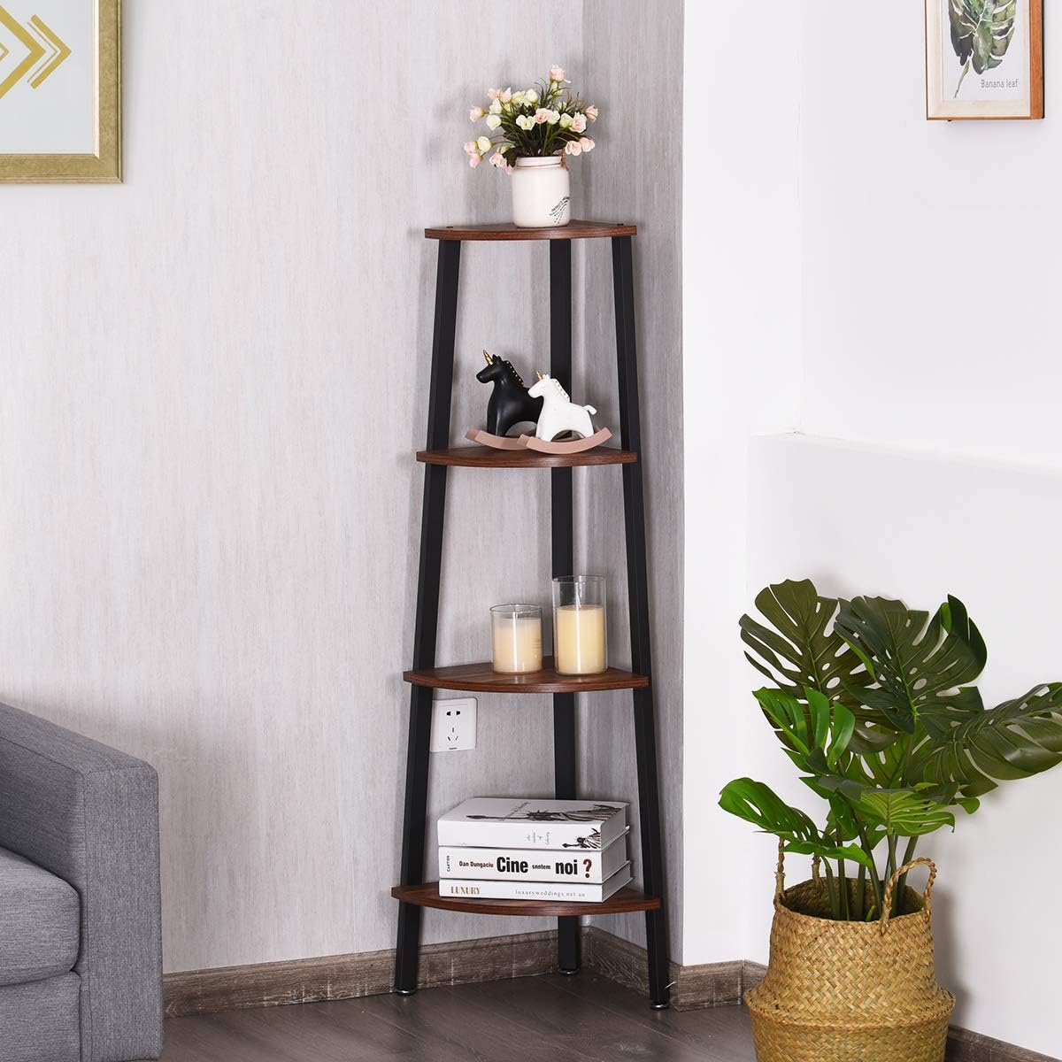 Giantex Estantería esquinera industrial multiusos de 4 niveles, estante de almacenamiento para el hogar u oficina, soporte de madera para plantas