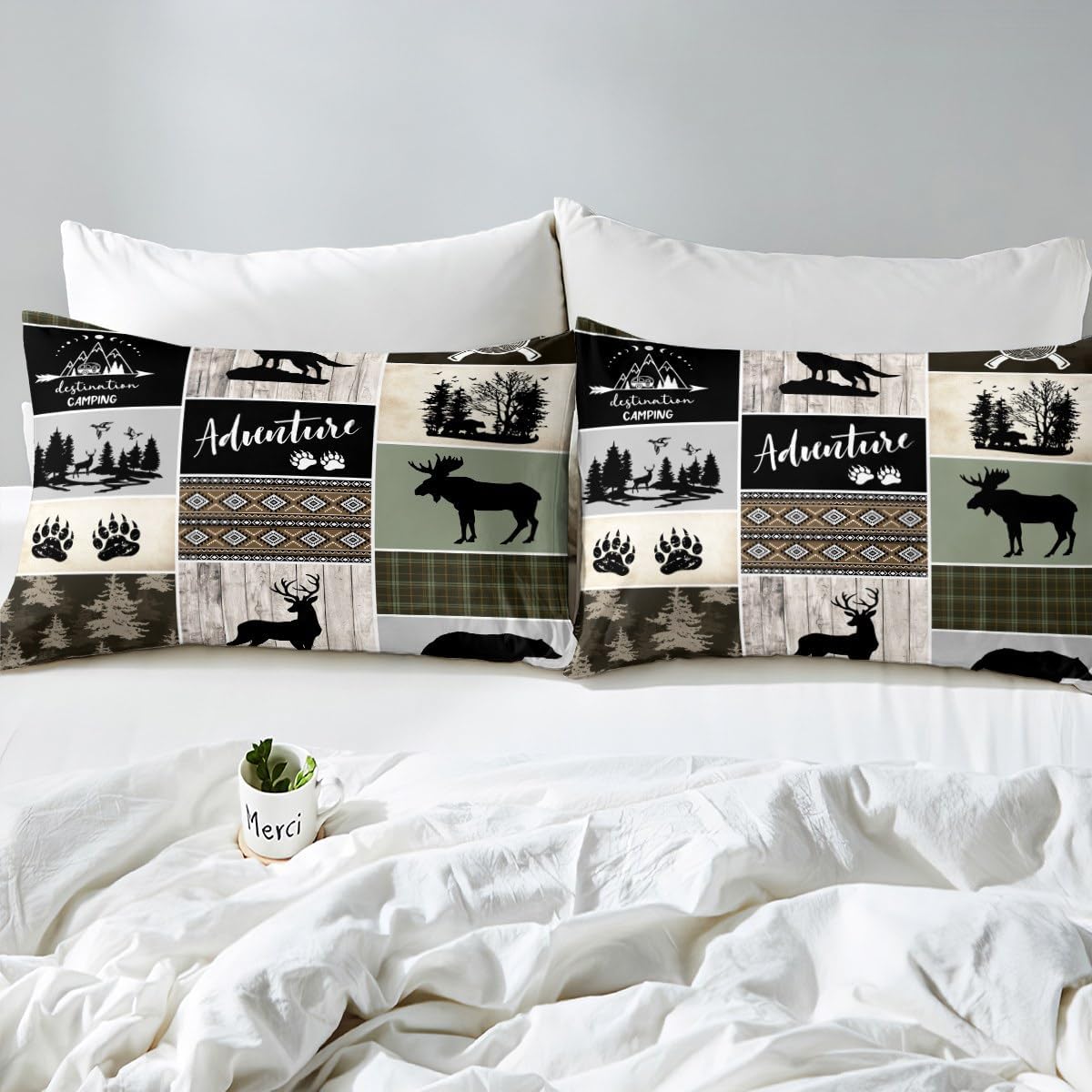 Juego de funda de edredón para niños de aventura de camping, tamaño matrimonial, juego de ropa de cama de caza de ciervos, osos, lobo, animales y