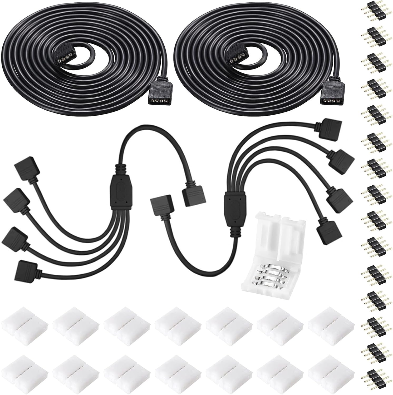 KUANVE Kit de conector de tira de luz LED de 4 pines, cable de extensión RGB, cable divisor de 4 vías, conectores sin soldadura de 0.394 pulgadas y