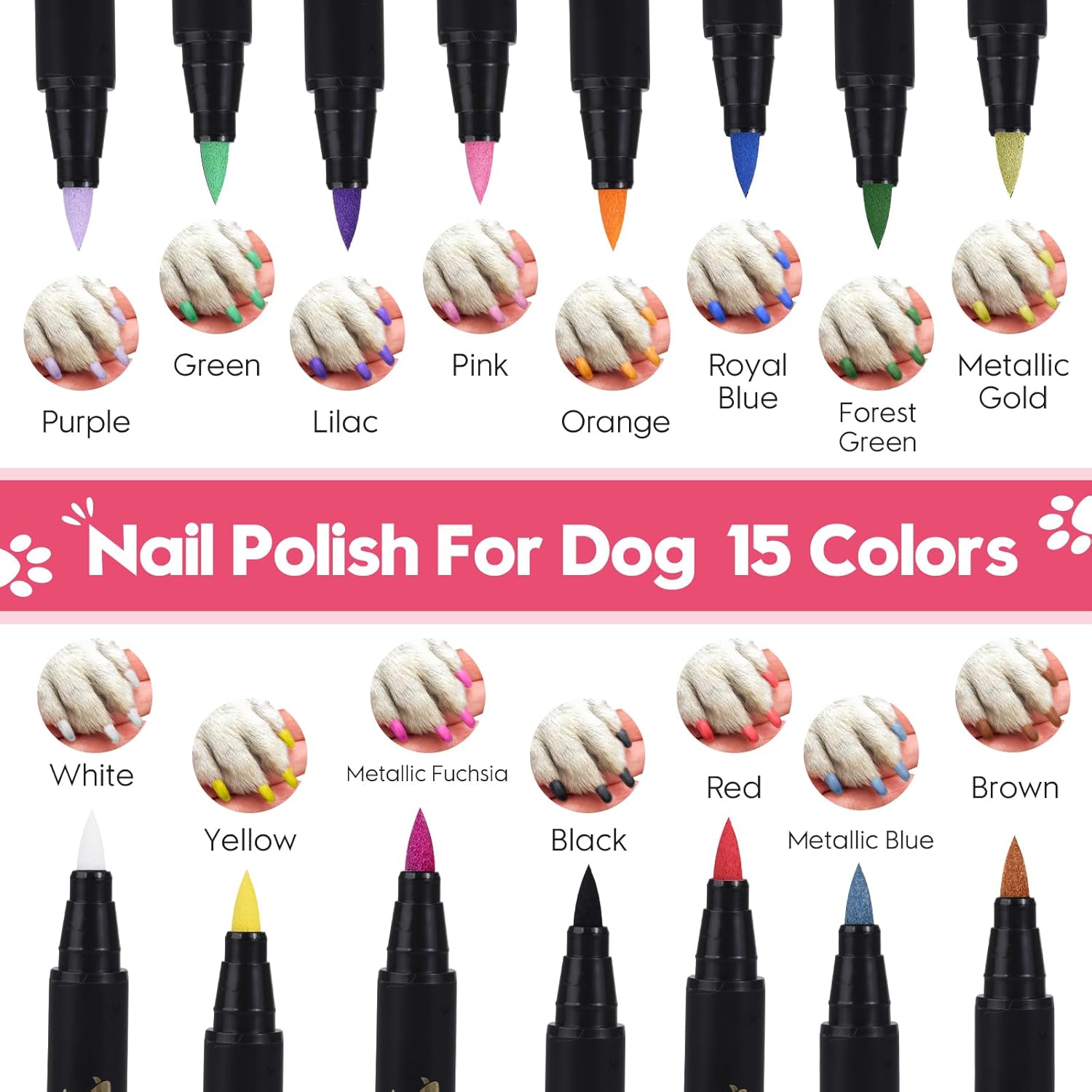 Bolígrafos de esmalte de uñas para perros, de secado rápido, juego de esmaltes de uñas de 15 colores para perros para hacer tú mismo con estilo arte