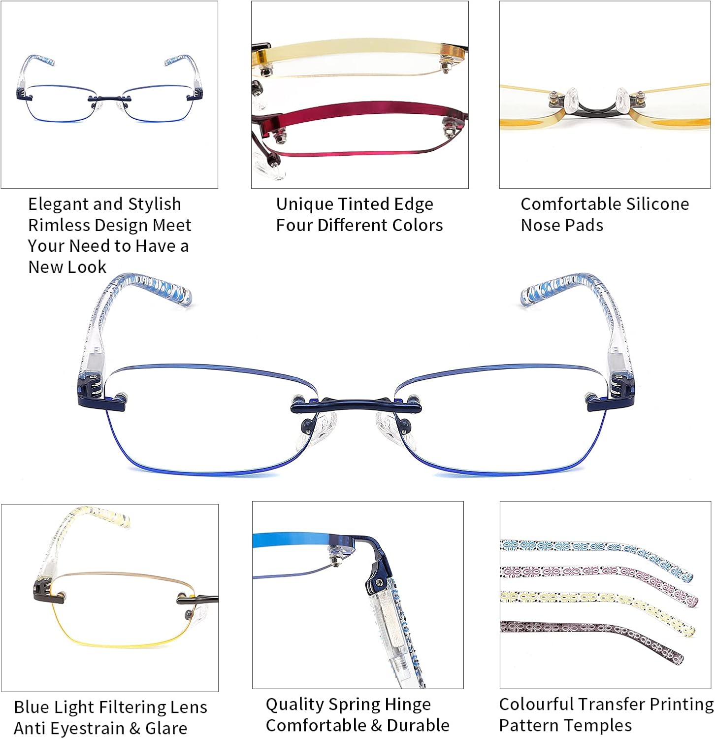 CRGATV Paquete de 4 lentes de lectura tintados sin montura para mujer, bloqueo de luz azul, elegantes lectores, antirrayos UV, fatiga