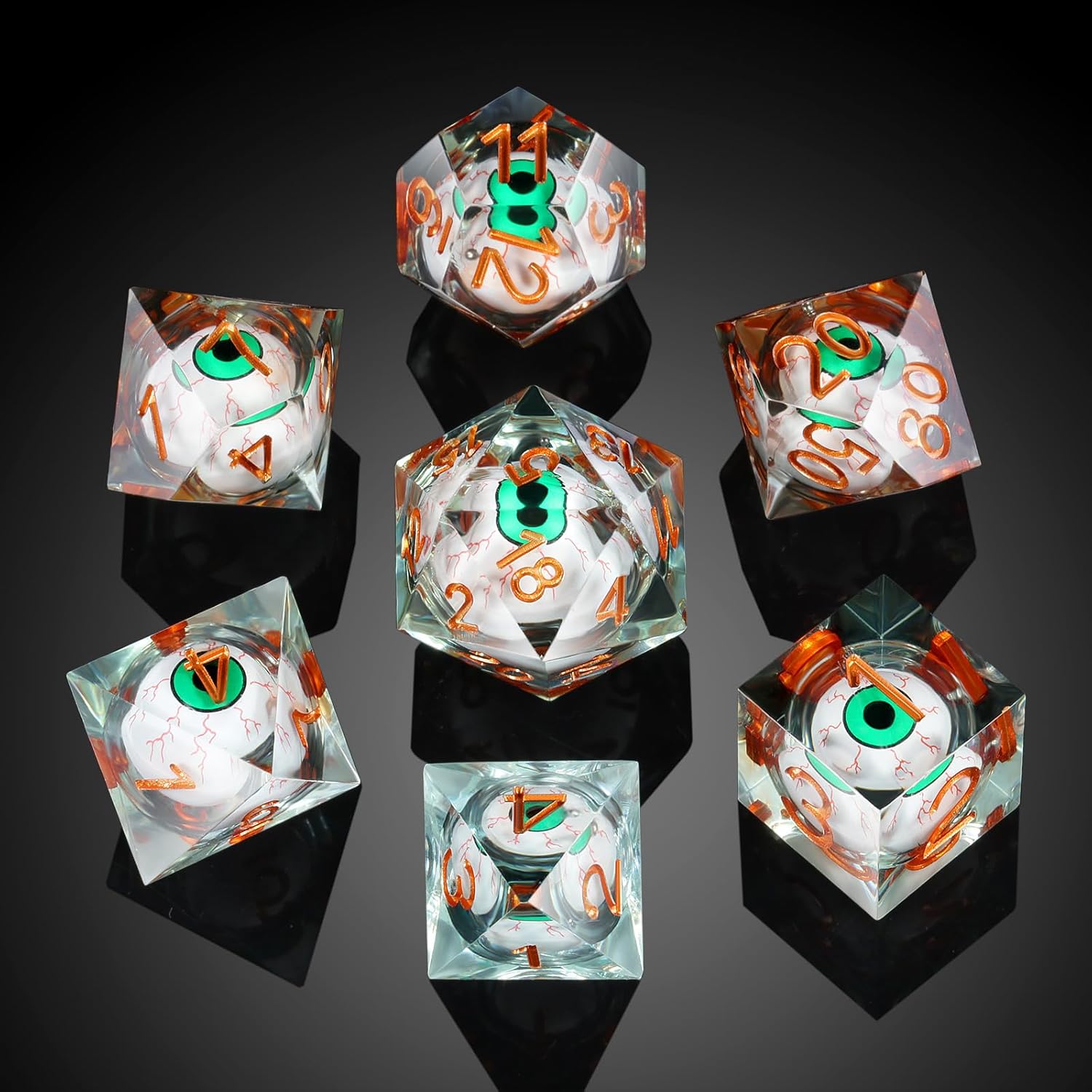 DNDND Dados DND de resina líquida con borde afilado y estuche de regalo para juego Dungeons and Dragon D&D (verde con globo ocular)