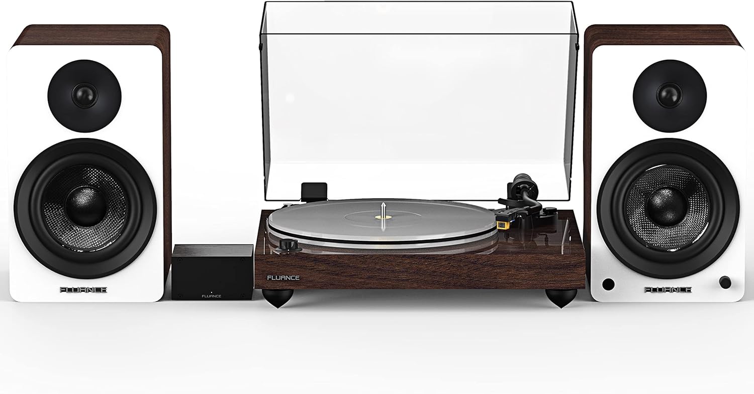 Fluance Reference RT85N HiFi Vinyl Turntable (Natural Walnut), PA10 Phono Preamp, Ai61 Powered 6.5″ Bookshelf Speakers (White Walnut), Nagaoka