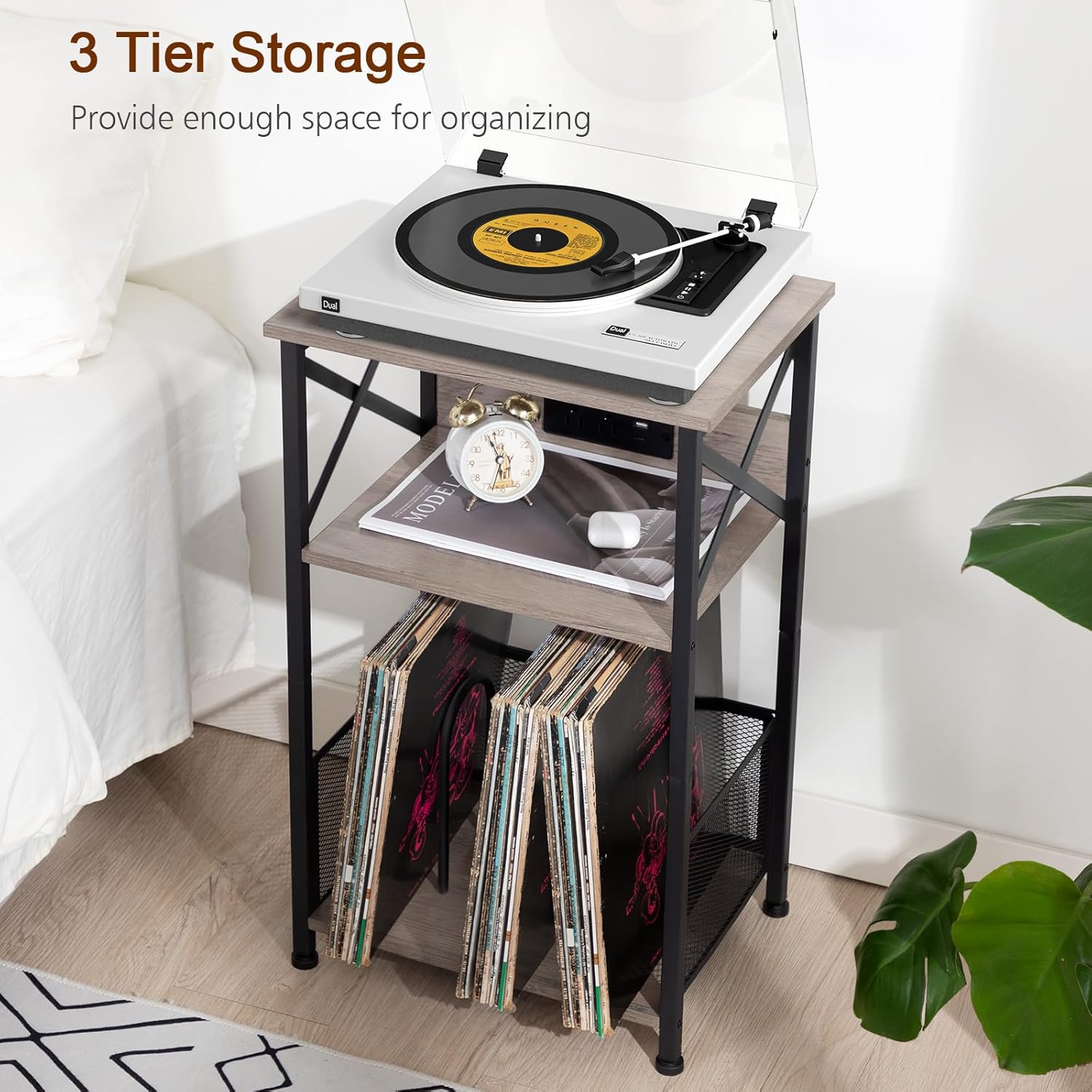 AMHANCIBLE HETCD01GY-1 – Soporte para tocadiscos con estación de carga, soporte para tocadiscos con armario de almacenamiento, mesa auxiliar de 3
