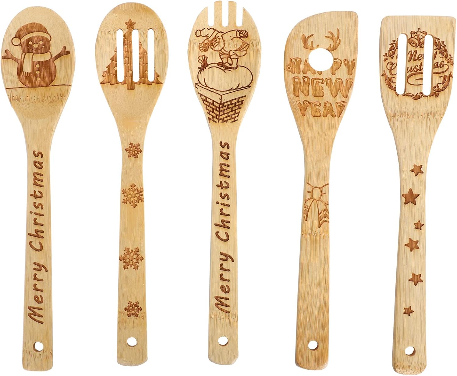 Juego de 5 cucharas de madera de Navidad, utensilios de cocina quemados, cuchara de Navidad, decoración de cocina para regalo de Navidad,