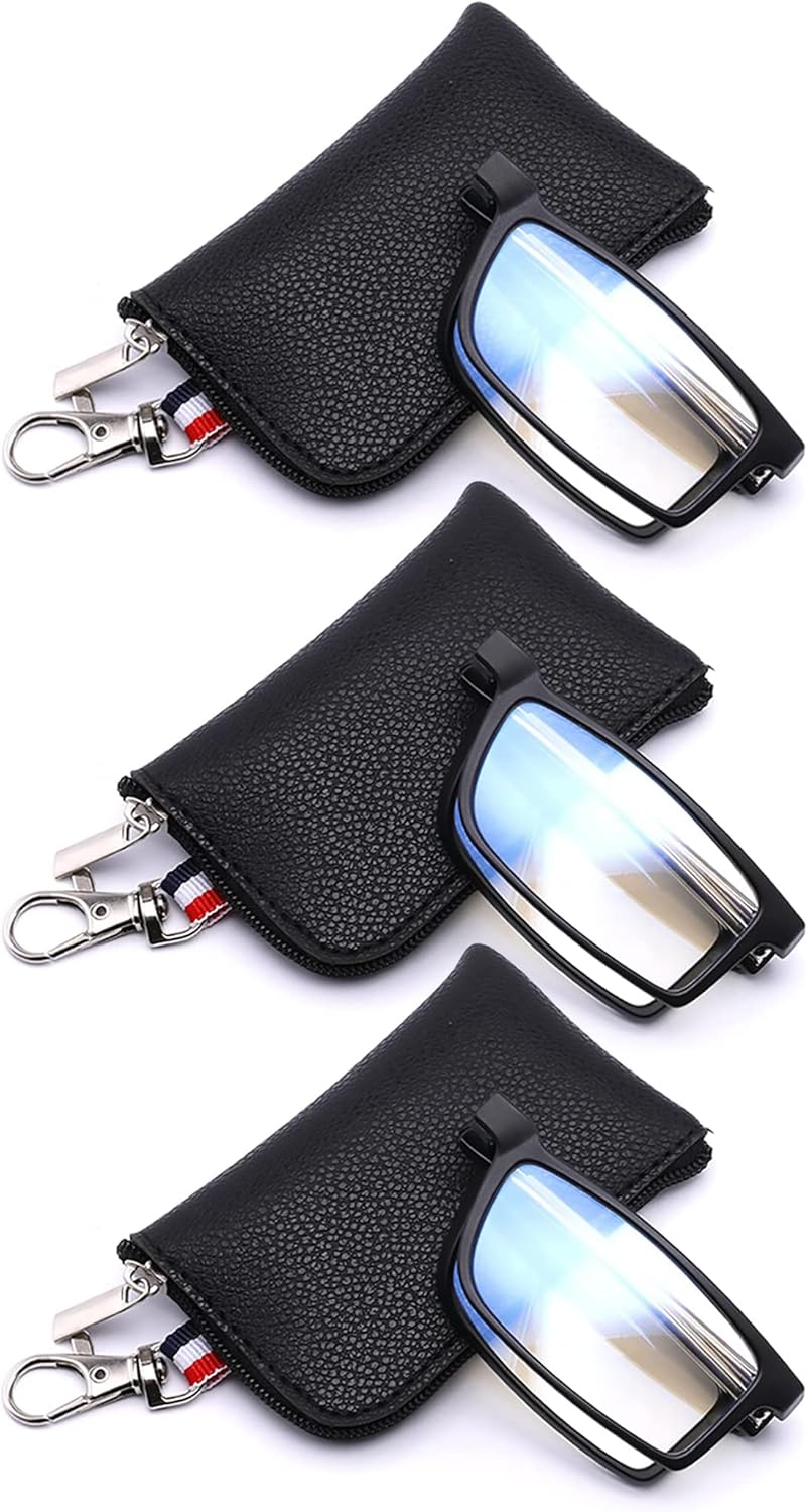 GOOSEN Gafas de lectura para mujeres y hombres, bolsas de llavero, lectores plegables compactos, lentes transparentes, lentes de luz azul, bisagra