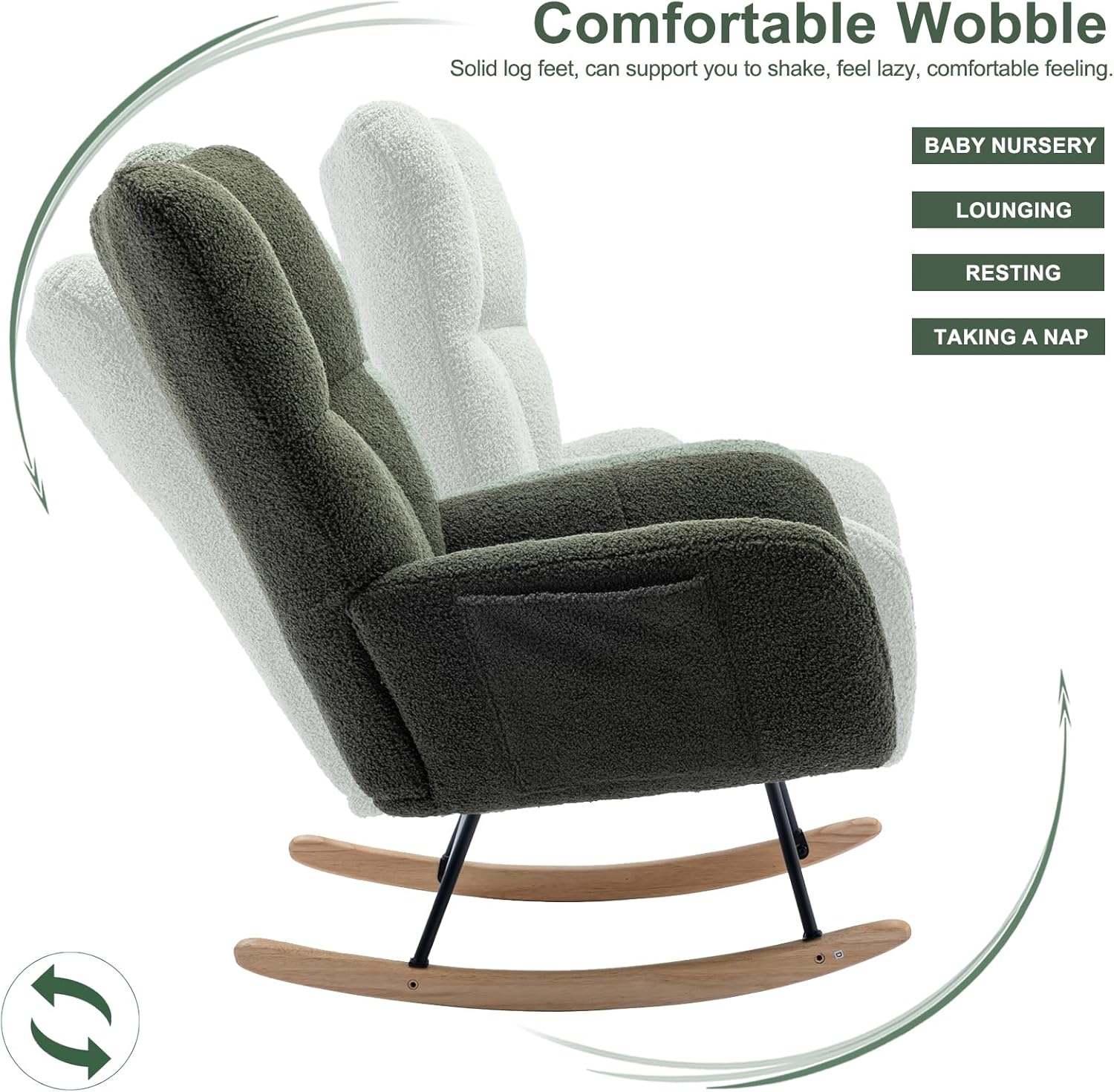 Mecedora para guardería, mecedora tapizada de tela de peluche, mecedora con bolsillo de almacenamiento, sillón con respaldo alto, cómoda silla