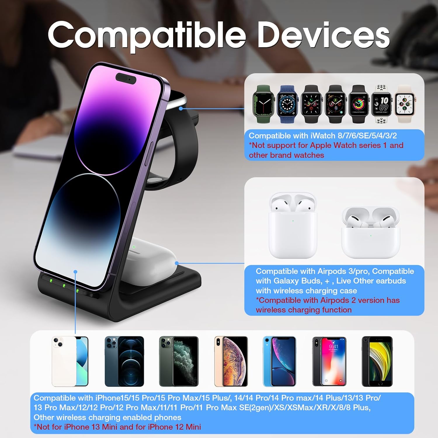 Earteana – Estación de carga para múltiples dispositivos iPhone, base de carga inalámbrica rápida 3 en 1 para Apple Watch 9, 8, 7, 6, SE 5, 4, 3, 2,