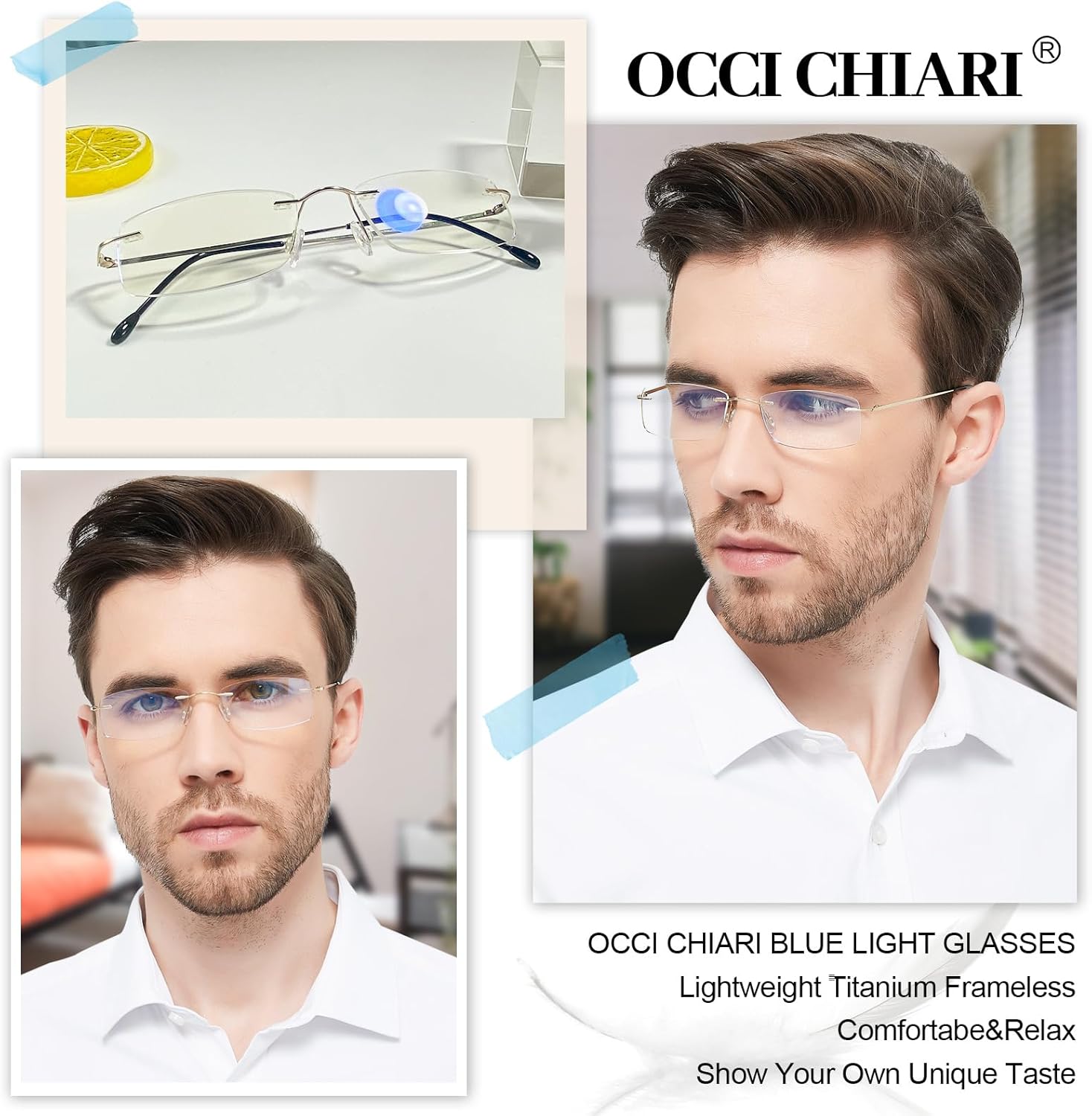 OCCI CHIARI Gafas de lectura con bloqueo de luz azul para hombre, de titanio, sin marco, ligeras