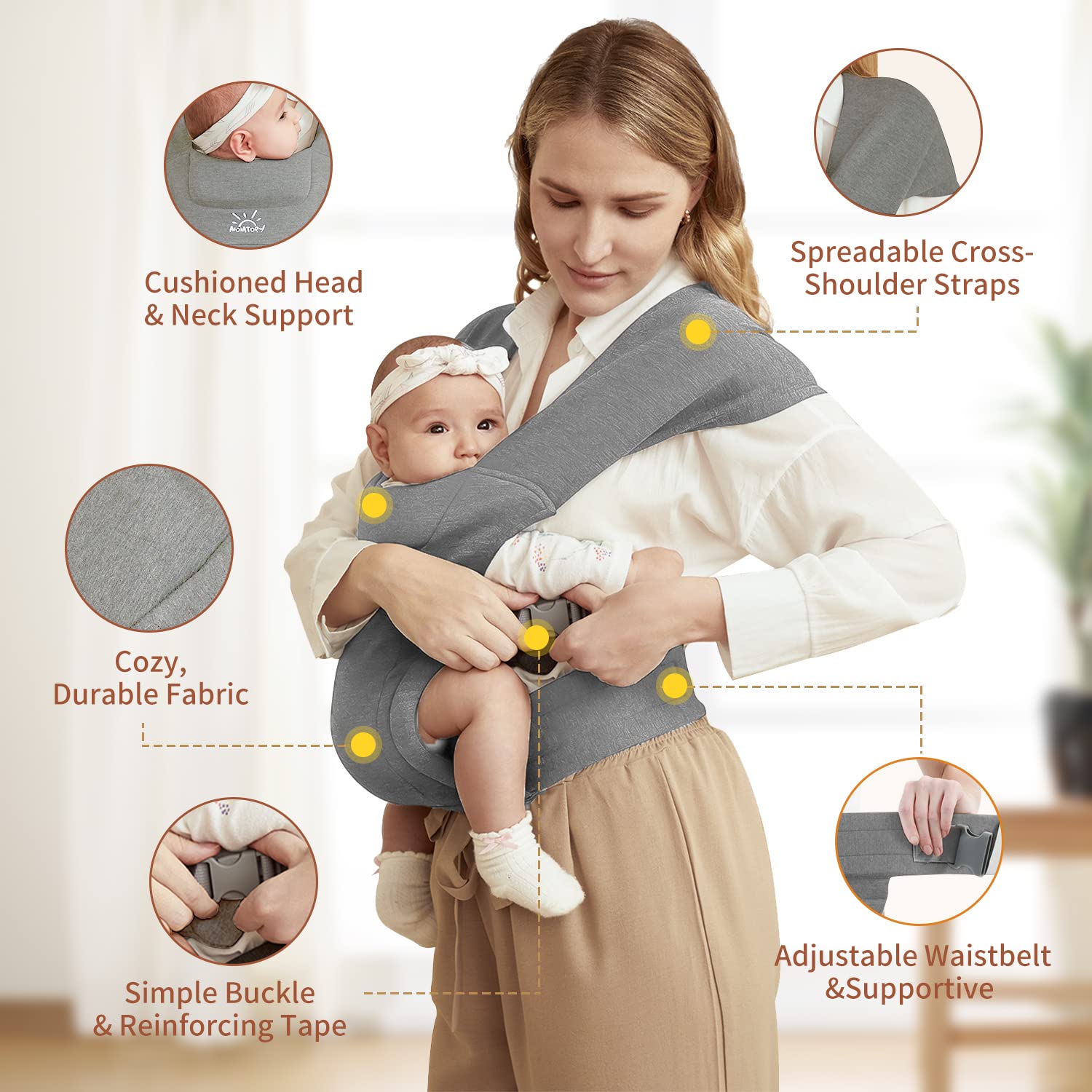 MOMTORY Portabebés mejorado para recién nacidos, acogedor portabebés (7-25 libras), con gancho y bucle para ajustarse fácilmente, tela suave, gris