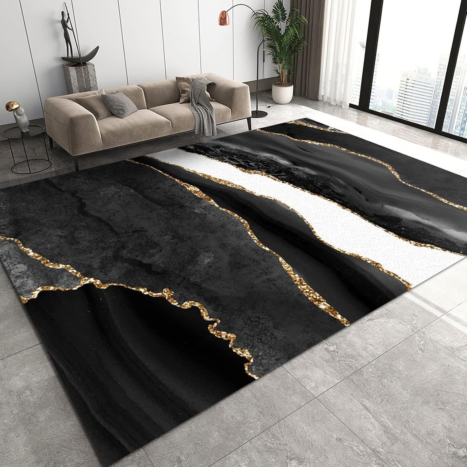 Alfombra de área de mármol blanco y negro, moderna textura geométrica dorada, lavable a máquina, con respaldo antideslizante, alfombra interior para