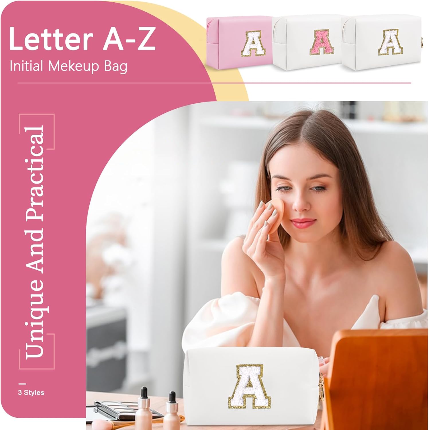Bolsa de maquillaje personalizada con inicial A-Z, pequeña bolsa de cosméticos de viaje de piel sintética con cremallera, bonita bolsa de aseo