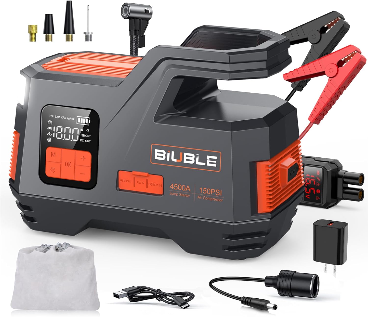 Arrancador de coche con compresor de aire, BIUBLE Jump Starter 4500A 150PSI Inflador para hasta todo el gasolina o motor diésel de 10.0L 12V batería
