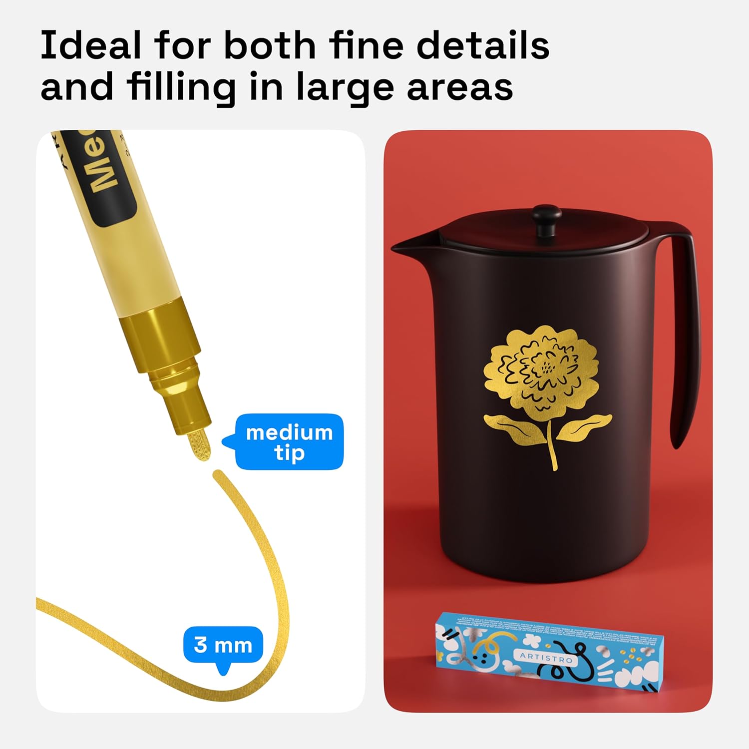 ARTISTRO 2 bolígrafos de pintura acrílica dorada para roca, cerámica, madera, vidrio, tela metálica, plástico, 0.118 in, ideales para álbumes de