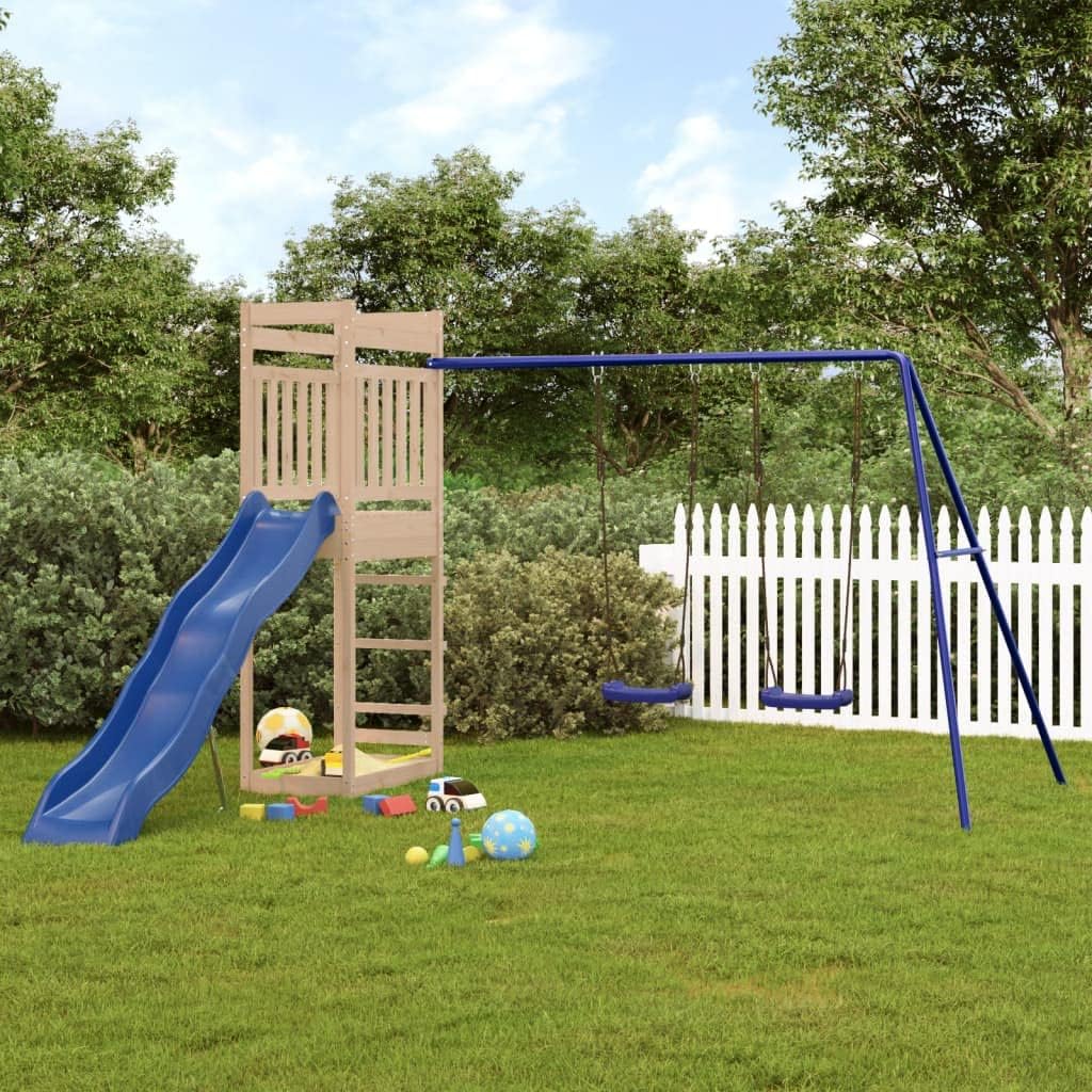 Loibinfen Juego de pino de madera maciza para exteriores, juego de jardín con 1 torre de juego, 1 juego de columpio doble, 1 tobogán ondulado,