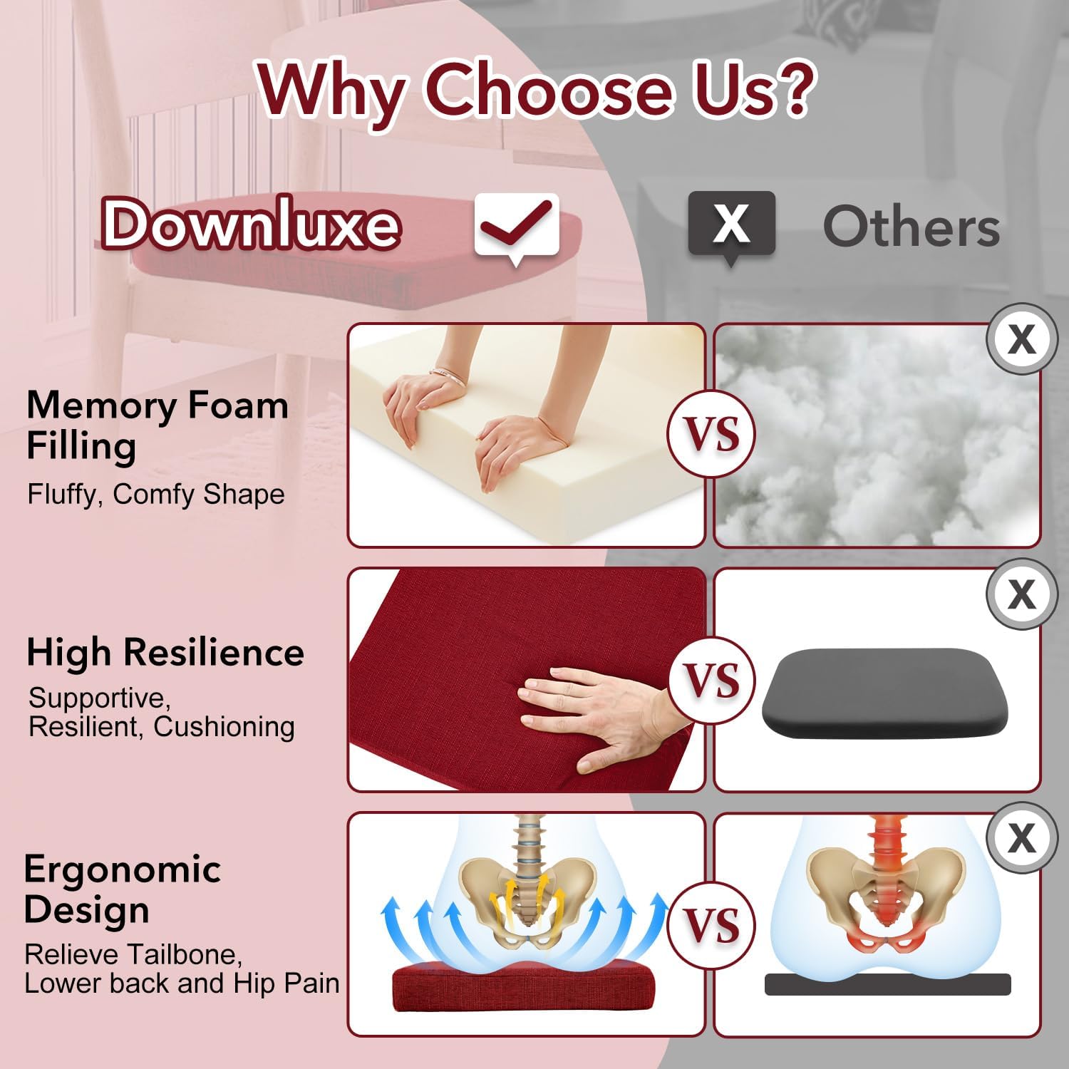 downluxe Cojines para sillas de interior para sillas de comedor, almohadillas de espuma viscoelástica texturizadas suaves y cómodas para sillas de