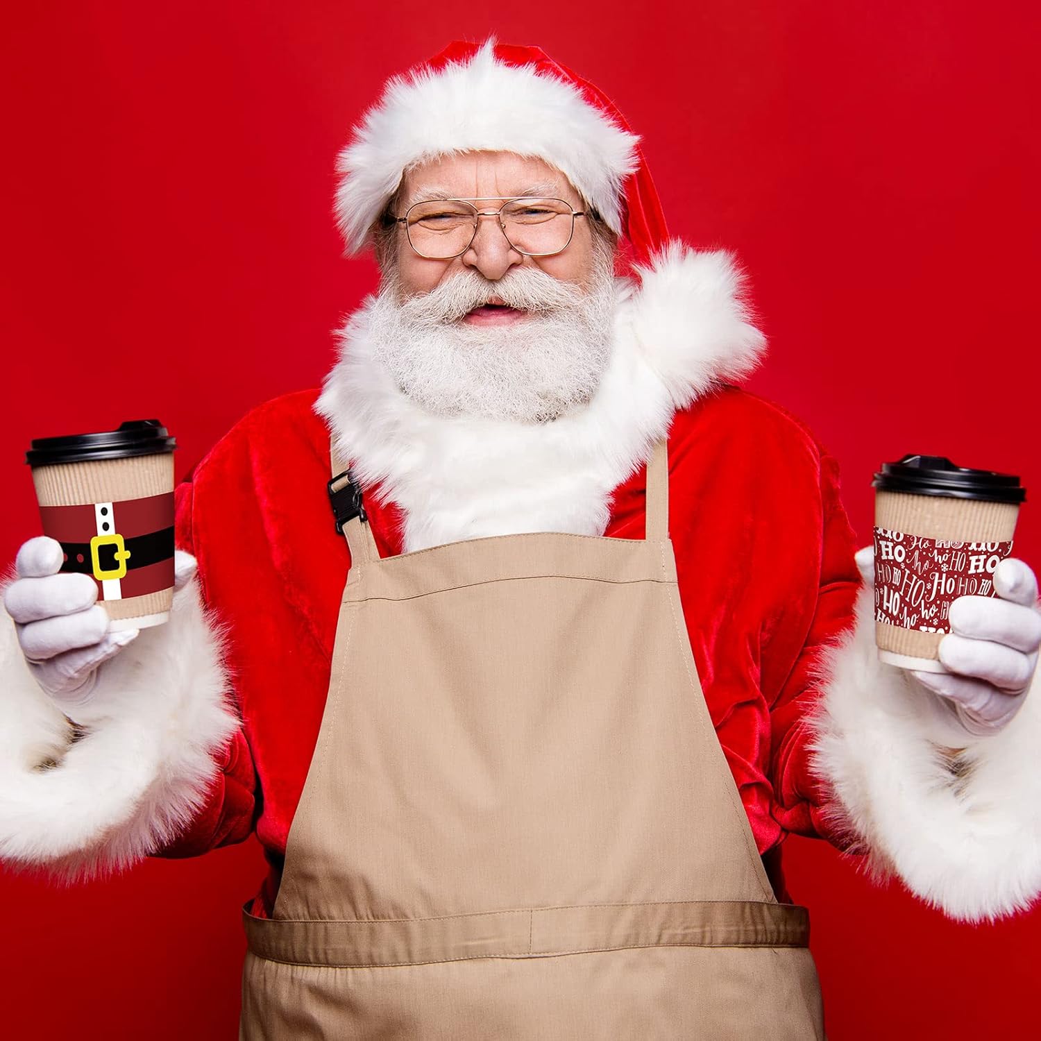 Whaline 60 fundas de papel de Navidad para taza de café, fundas de papel de Navidad rojas para tazas de papel de 12 y 16 onzas, Papá Noel, reno,